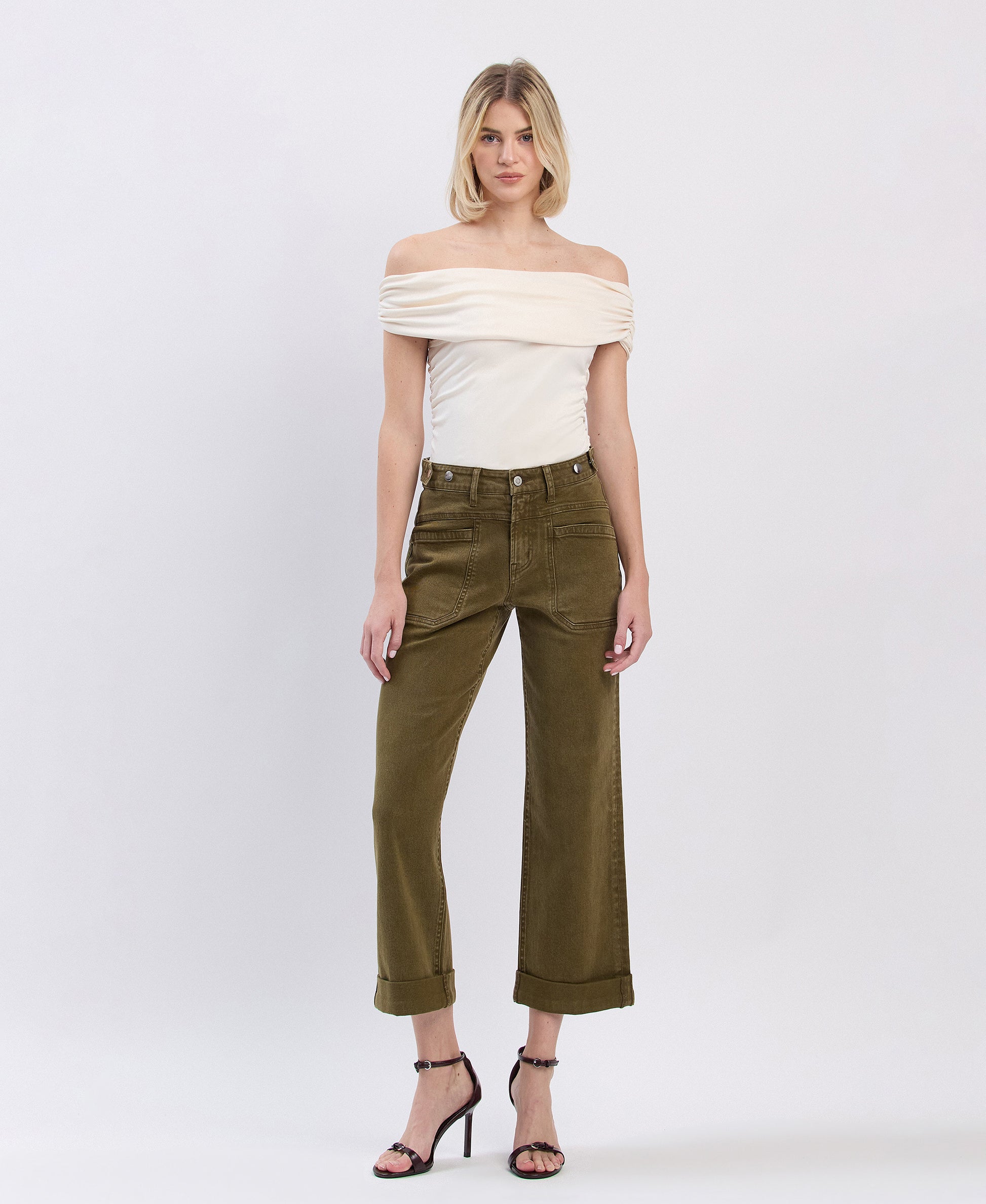 Front product images of Dark Olive - High Rise Tab Waistband Cuffed Slim Wide Leg Jeans