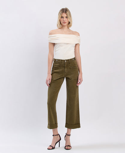 Front product images of Dark Olive - High Rise Tab Waistband Cuffed Slim Wide Leg Jeans