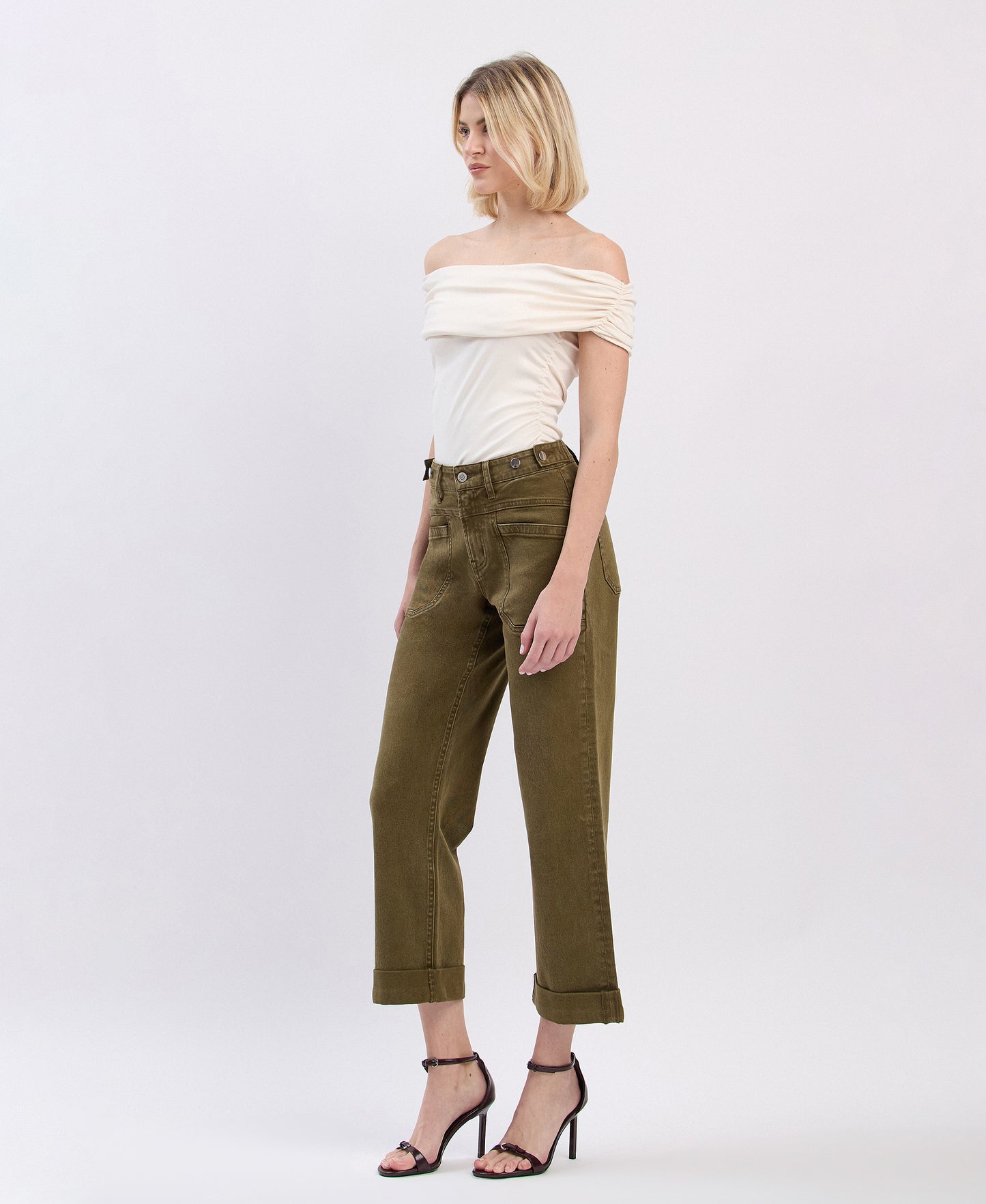 Left 45 degrees product image of Dark Olive - High Rise Tab Waistband Cuffed Slim Wide Leg Jeans