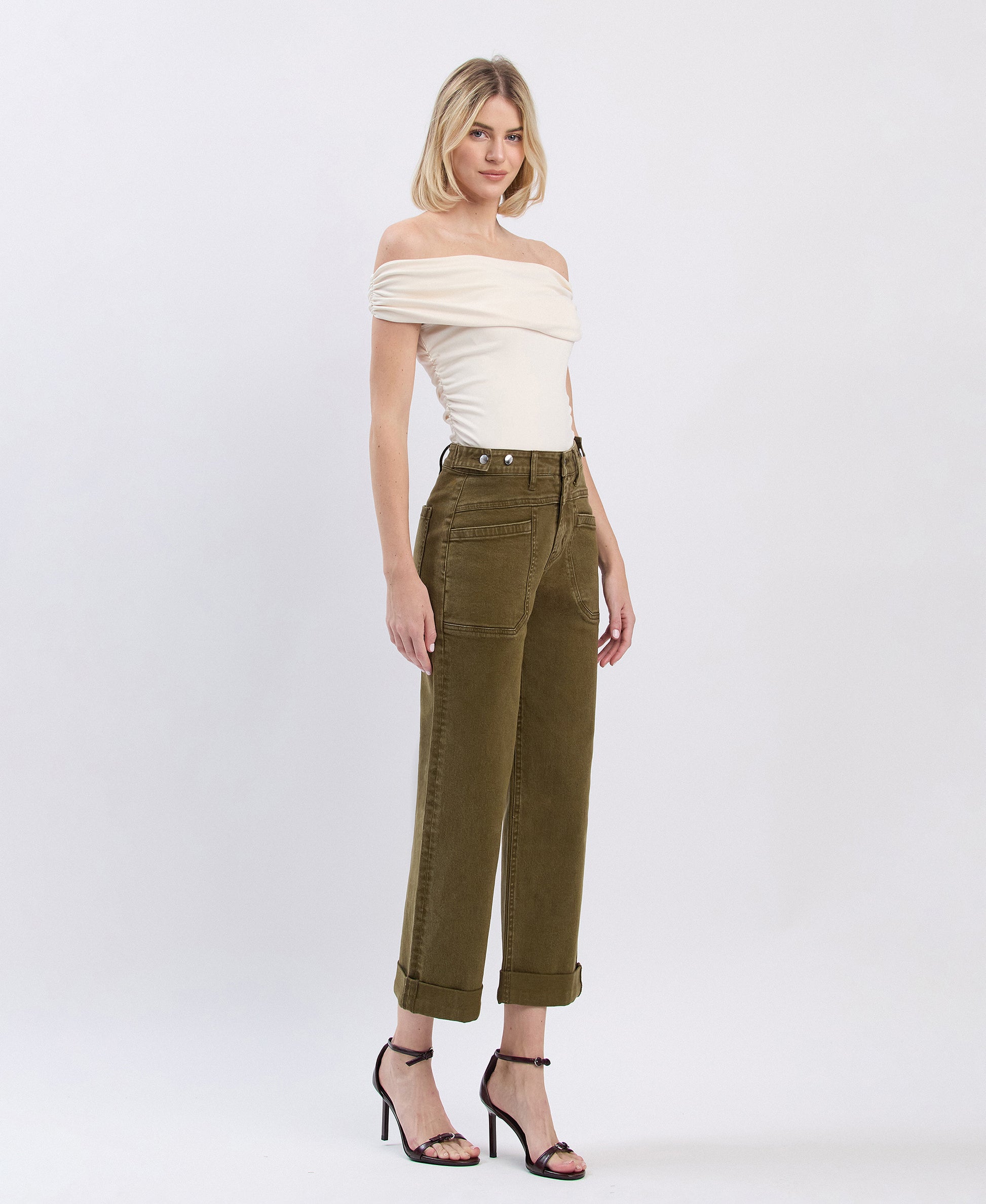 Right 45 degrees product image of  Dark Olive - High Rise Tab Waistband Cuffed Slim Wide Leg Jeans