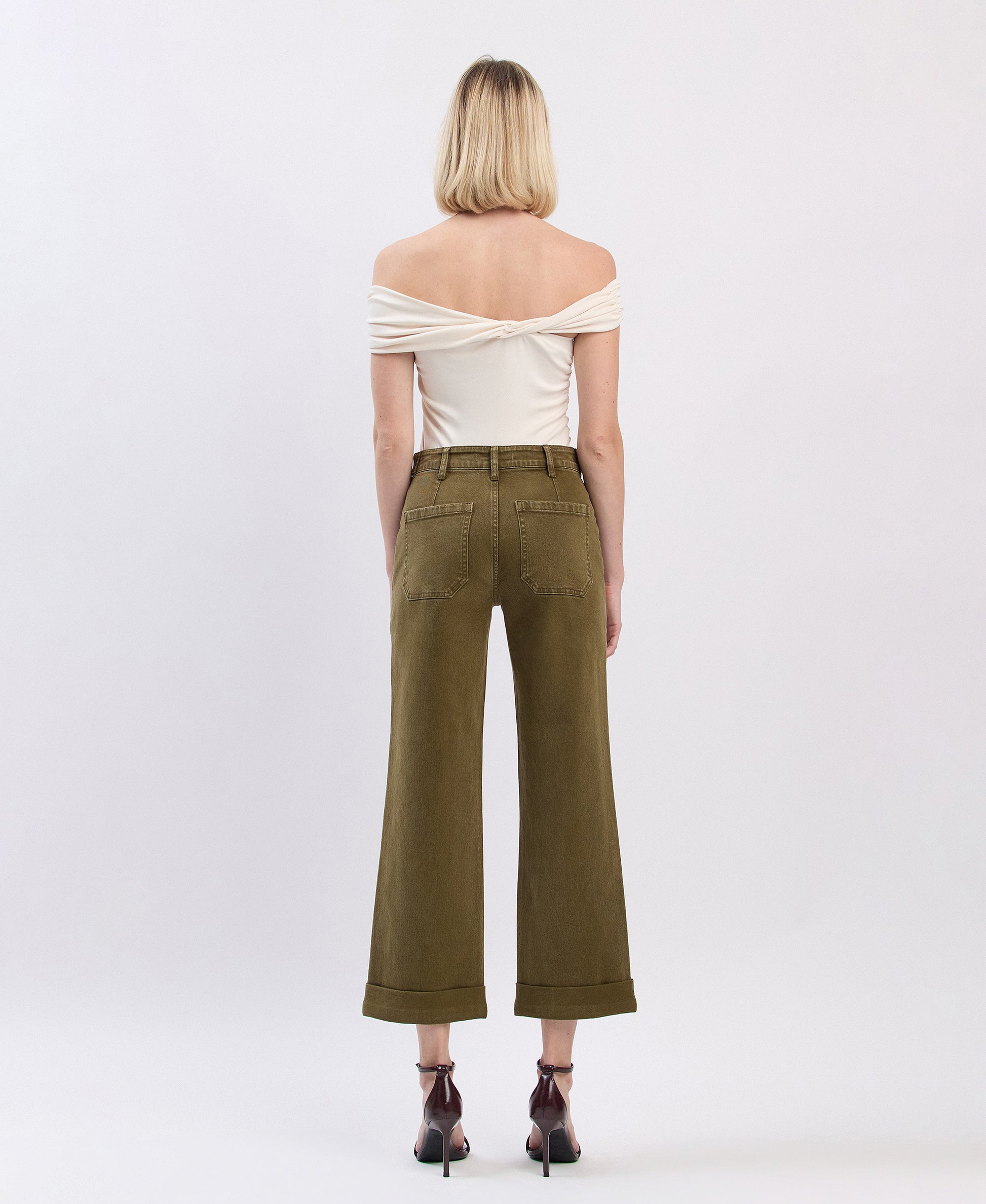 Back product images of Dark Olive - High Rise Tab Waistband Cuffed Slim Wide Leg Jeans