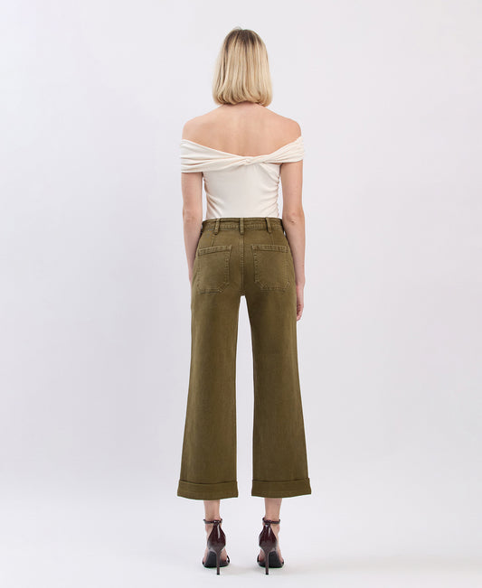 Back product images of Dark Olive - High Rise Tab Waistband Cuffed Slim Wide Leg Jeans