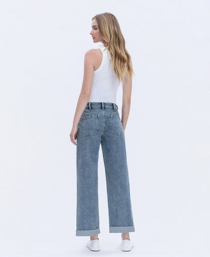 Back product images of Medium Denim - High Rise Tabbed Waistband Cuffed Slim Wide Leg Jeans