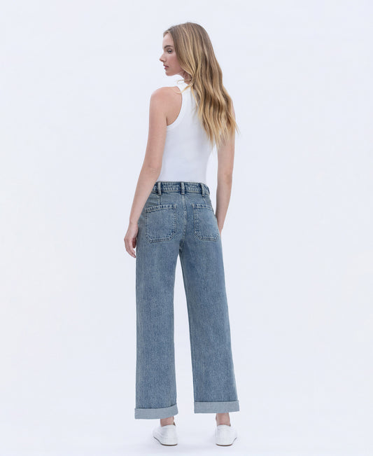 Back product images of Medium Denim - High Rise Tabbed Waistband Cuffed Slim Wide Leg Jeans