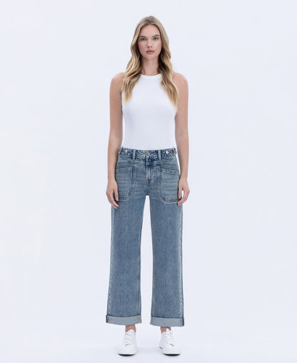 Front product images of Medium Denim - High Rise Tabbed Waistband Cuffed Slim Wide Leg Jeans