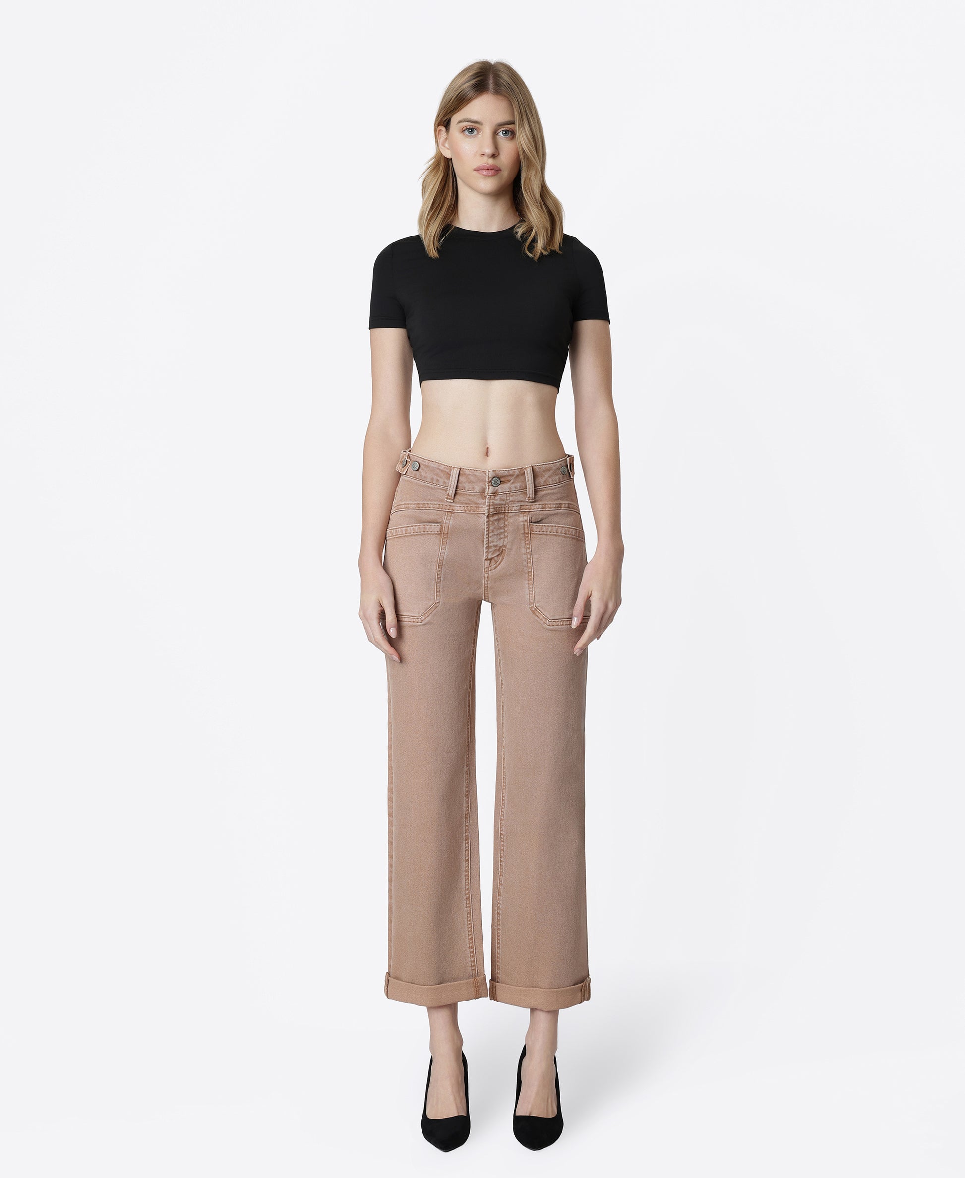 Front product images of Warm Taupe - High Rise Tab Waistband Slim Wide Leg Jeans