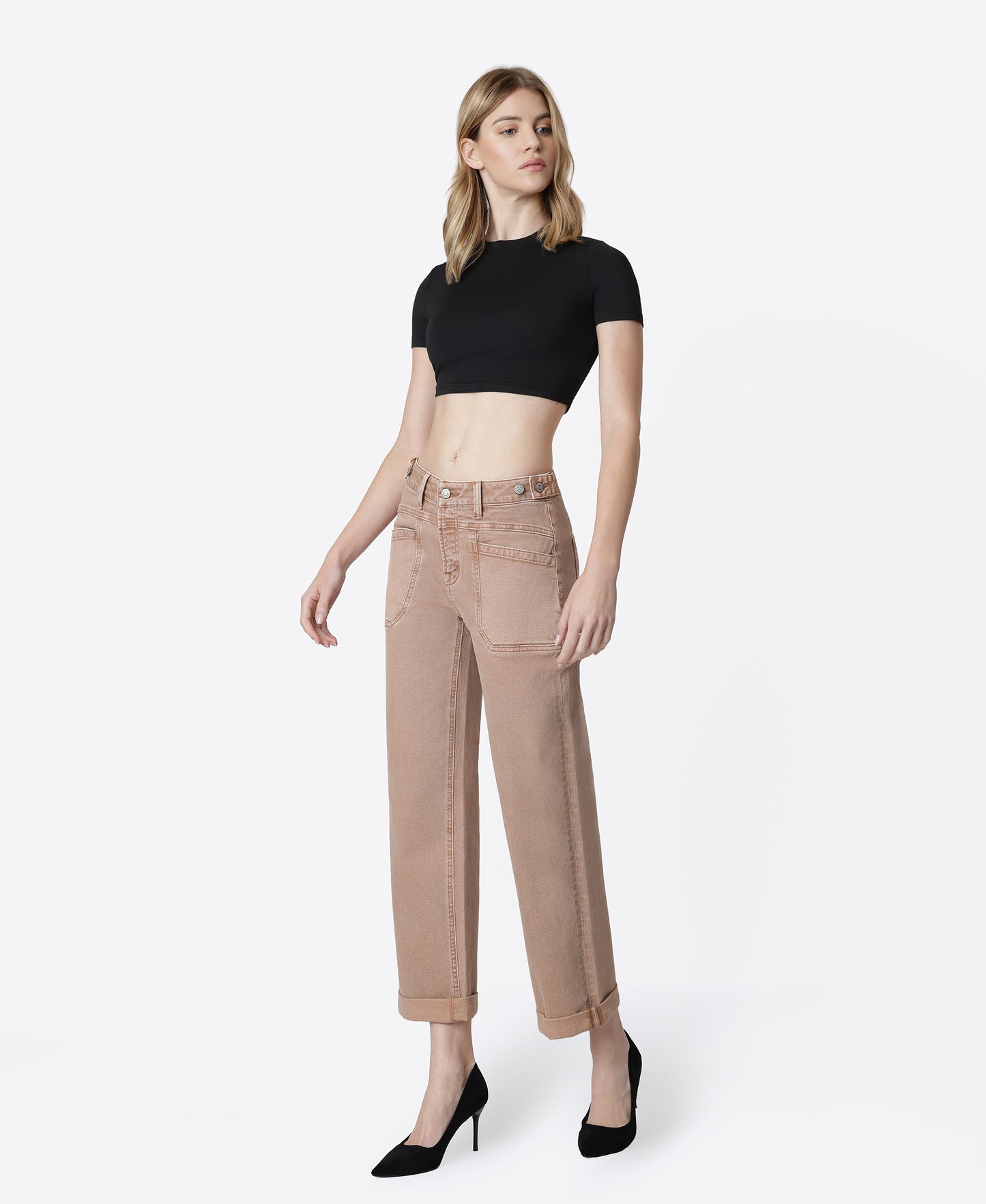 Left 45 degrees product image of Warm Taupe - High Rise Tab Waistband Slim Wide Leg Jeans