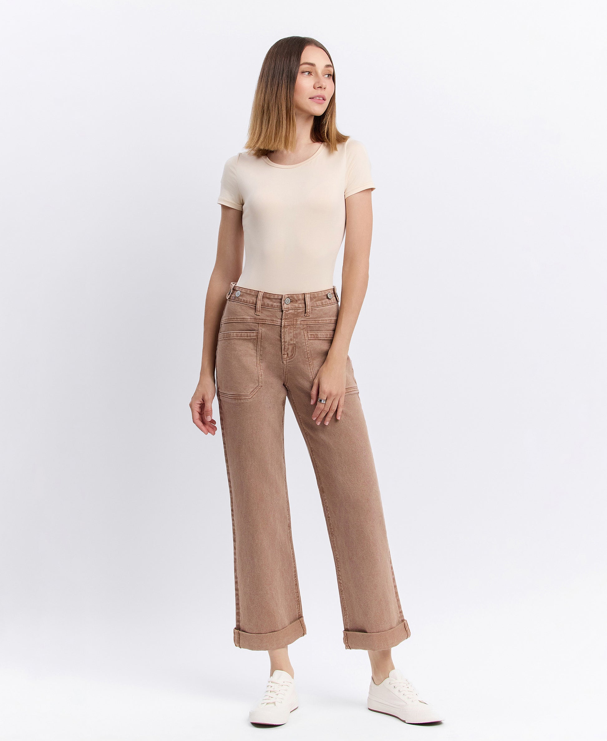 Front product images of Warm Taupe - High Rise Tab Waistband Slim Wide Leg Jeans