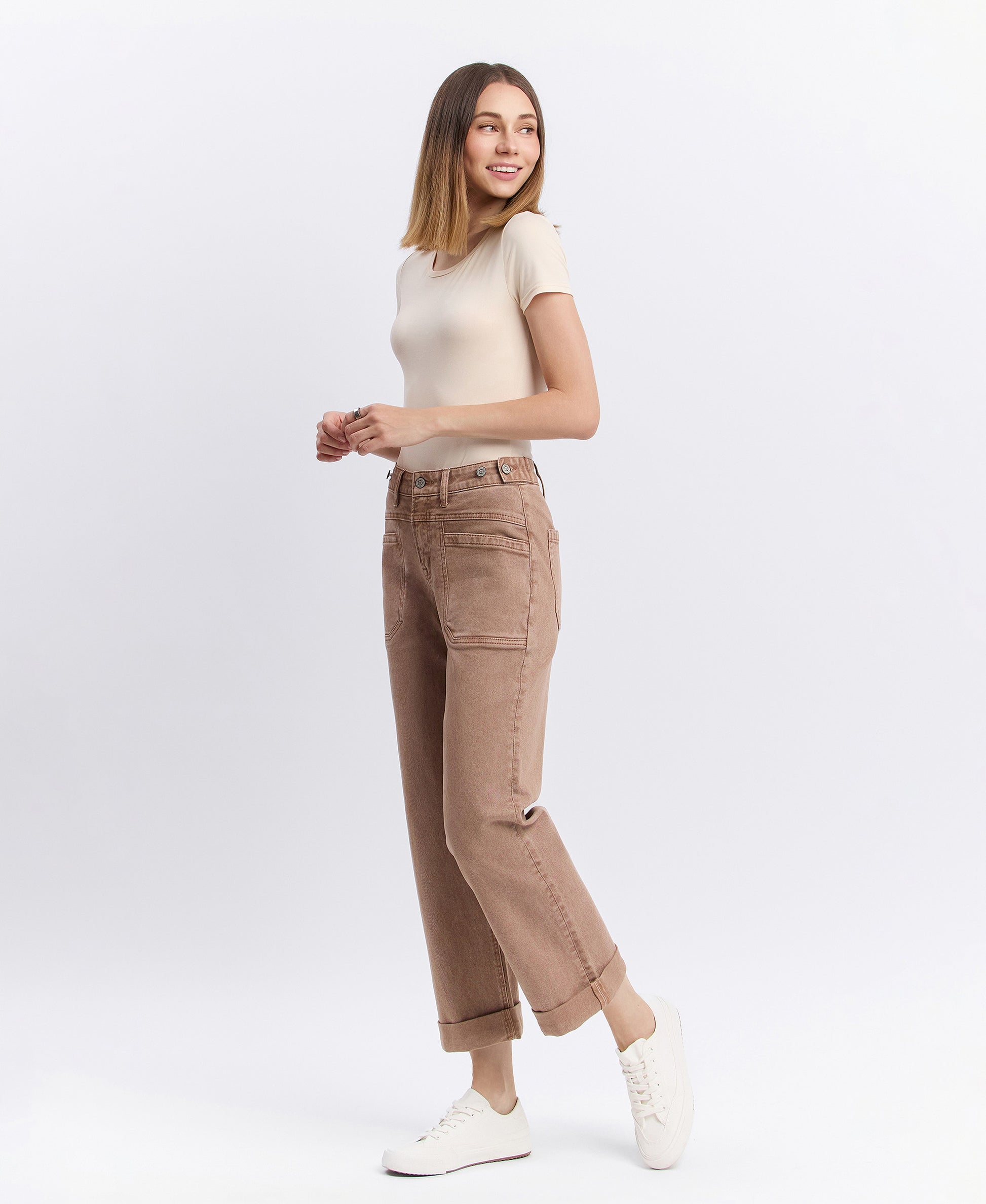 Left 45 degrees product image of Warm Taupe - High Rise Tab Waistband Slim Wide Leg Jeans