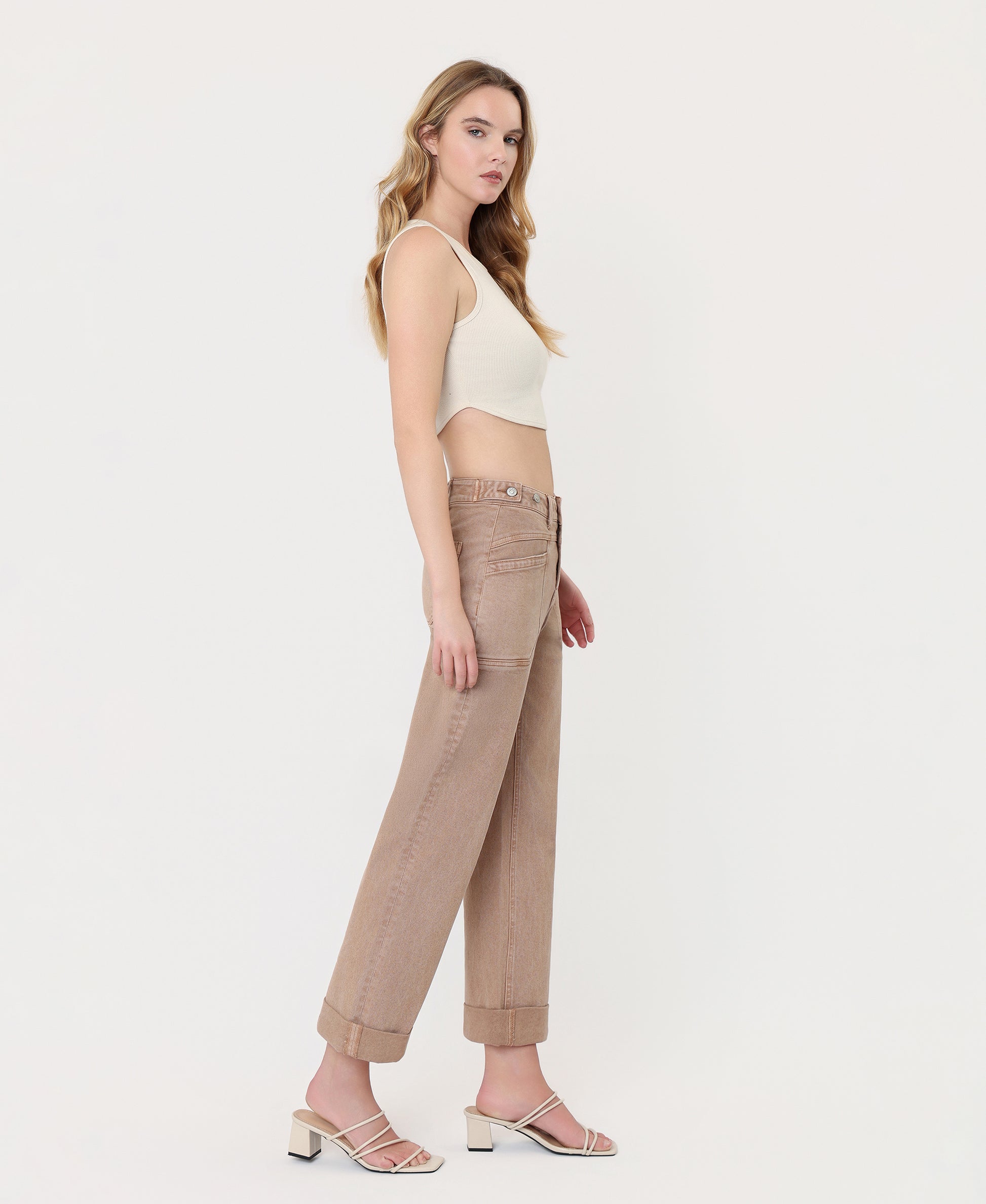 Right 45 degrees product image of Warm Taupe - High Rise Tab Waistband Slim Wide Leg Jeans