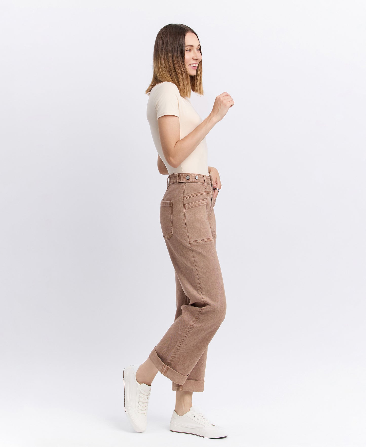 Right 45 degrees product image of Warm Taupe - High Rise Tab Waistband Slim Wide Leg Jeans