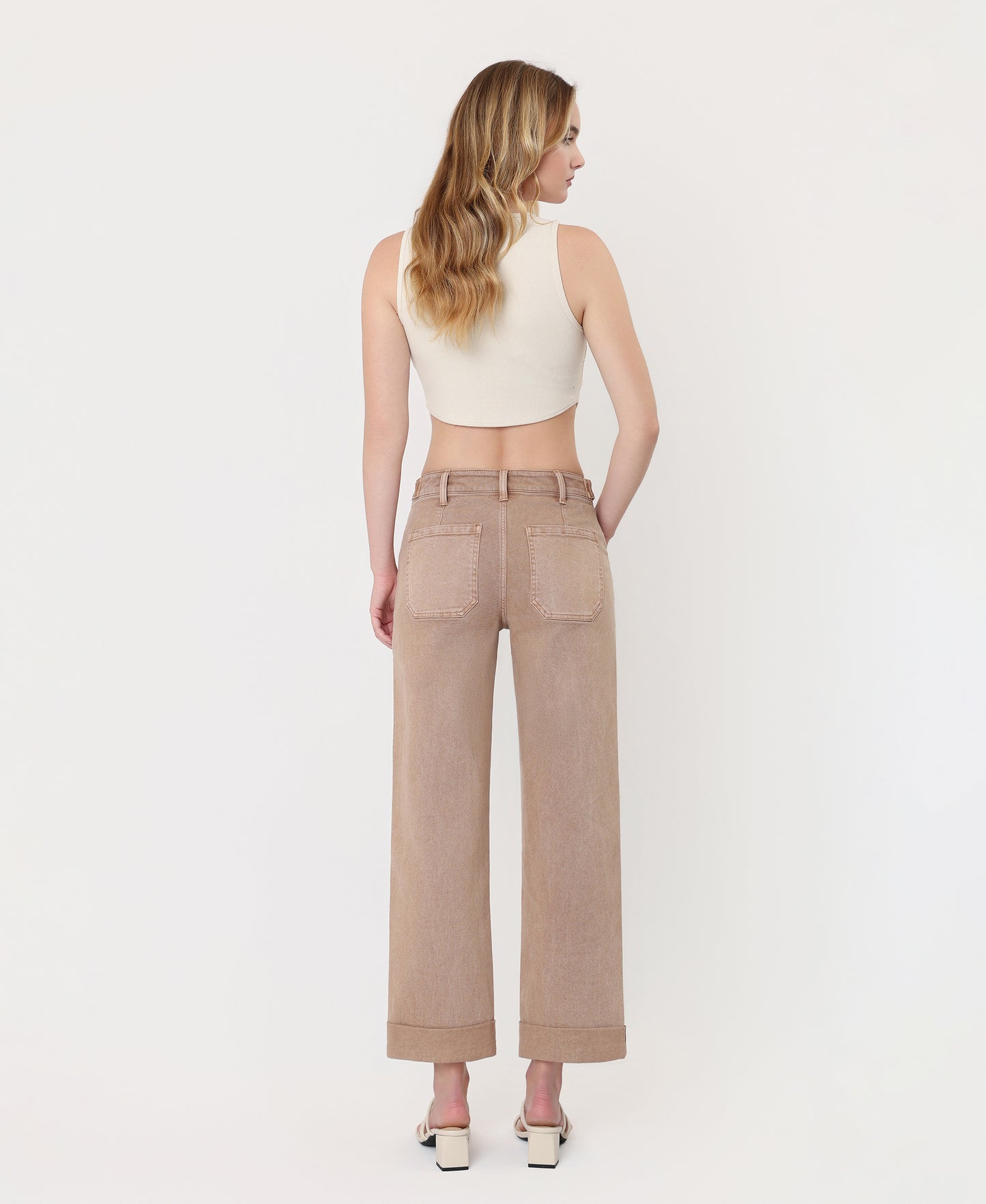 Back product images of Warm Taupe - High Rise Tab Waistband Slim Wide Leg Jeans