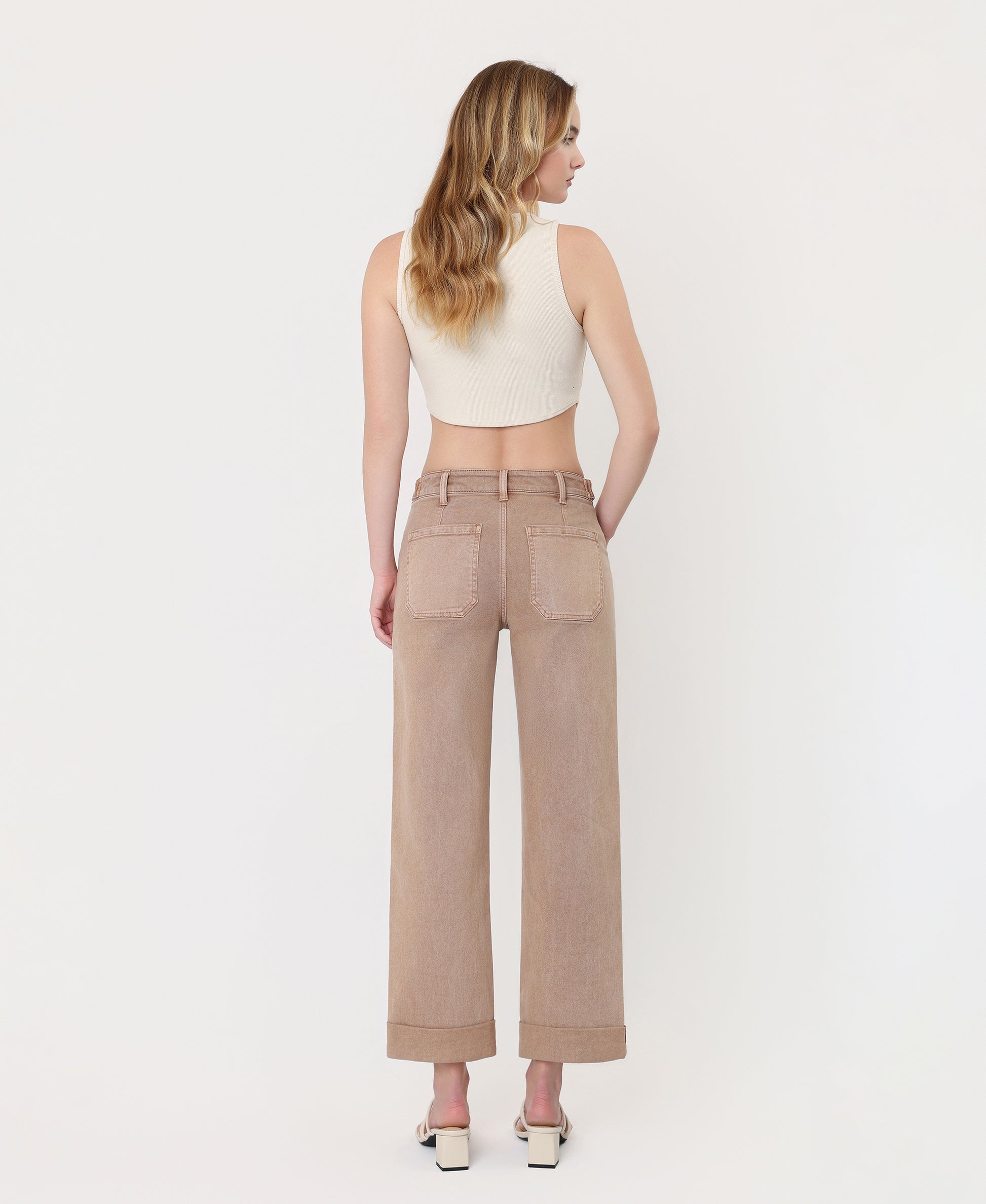 Back product images of Warm Taupe - High Rise Tab Waistband Slim Wide Leg Jeans