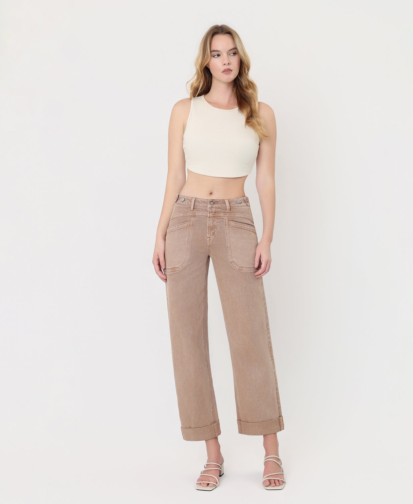 Front product images of Warm Taupe - High Rise Tab Waistband Slim Wide Leg Jeans