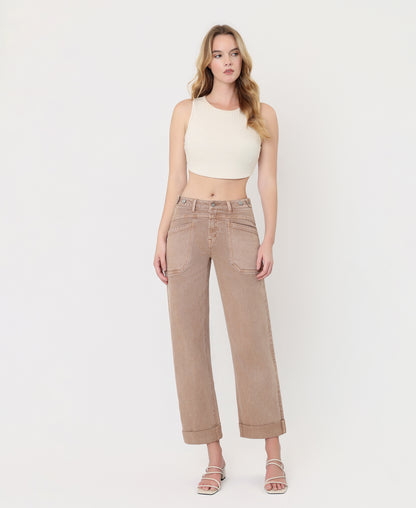 Front product images of Warm Taupe - High Rise Tab Waistband Slim Wide Leg Jeans