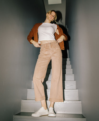 editorial image of Warm Taupe - High Rise Tab Waistband Slim Wide Leg Jeans