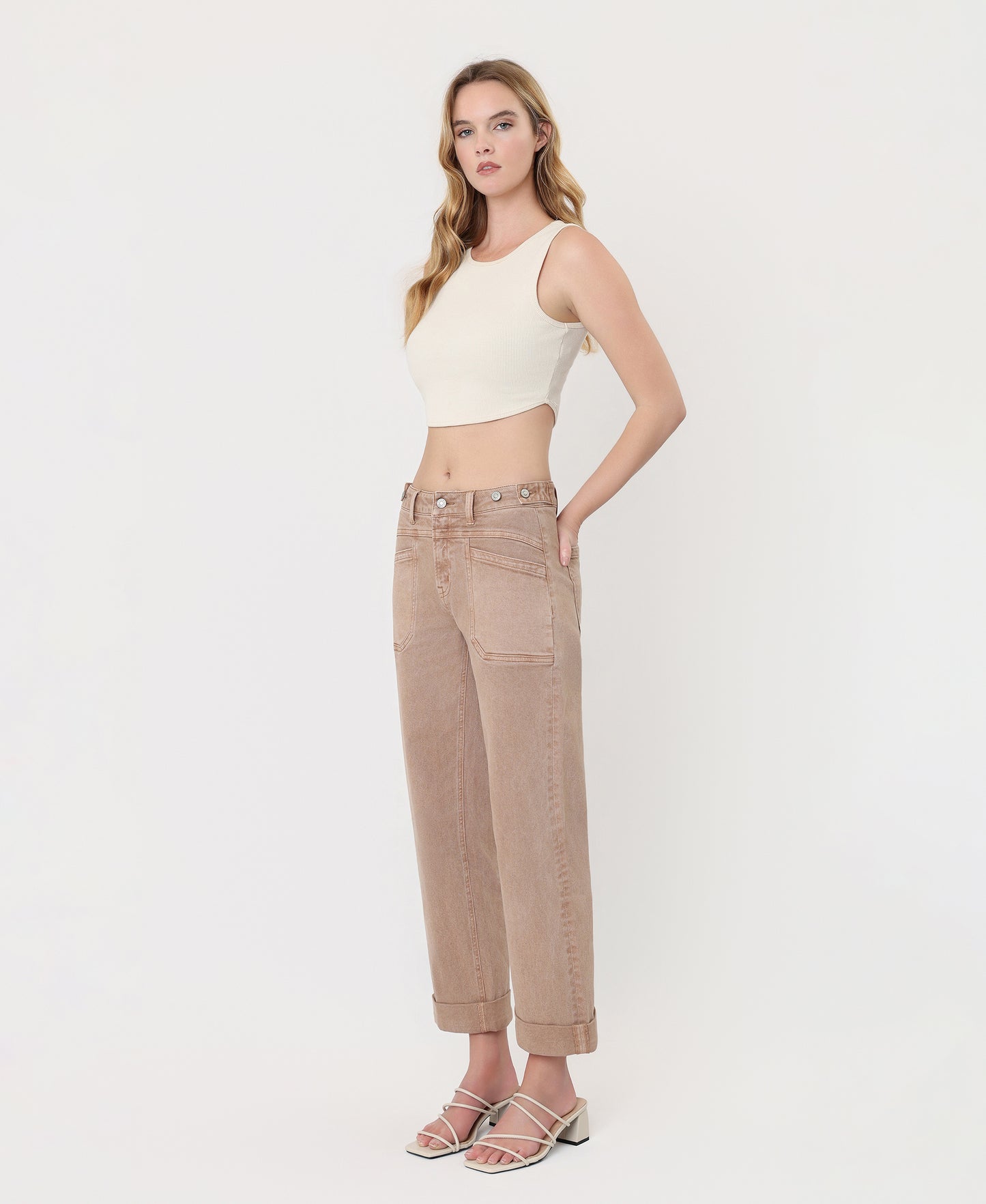 Left 45 degrees product image of Warm Taupe - High Rise Tab Waistband Slim Wide Leg Jeans
