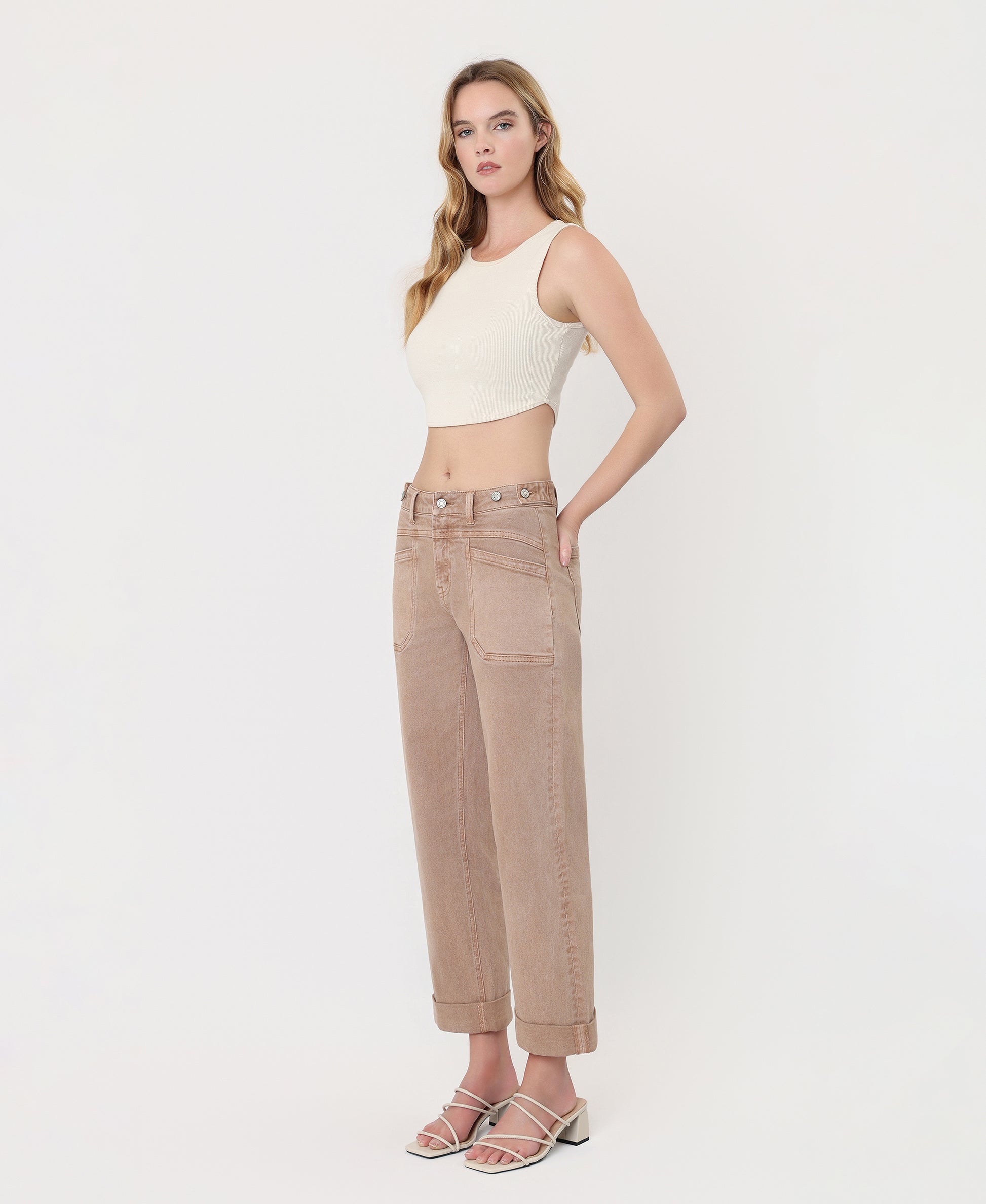 Left 45 degrees product image of Warm Taupe - High Rise Tab Waistband Slim Wide Leg Jeans