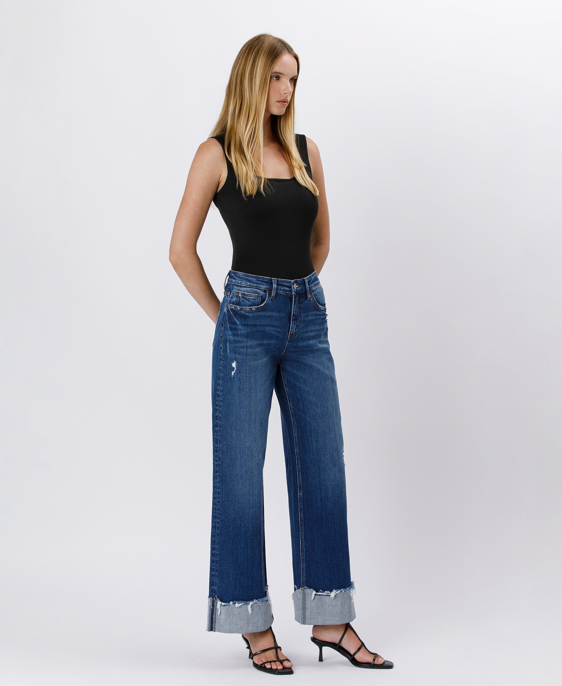 Right 45 degrees product image of Blue Stream - High Rise Cuffed Baggy Wide Leg Jeans