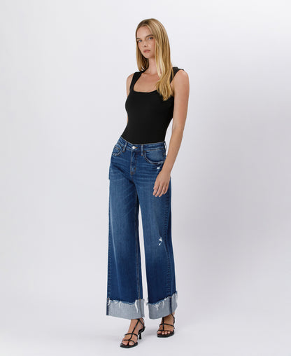 Left 45 degrees product image of Blue Stream - High Rise Cuffed Baggy Wide Leg Jeans