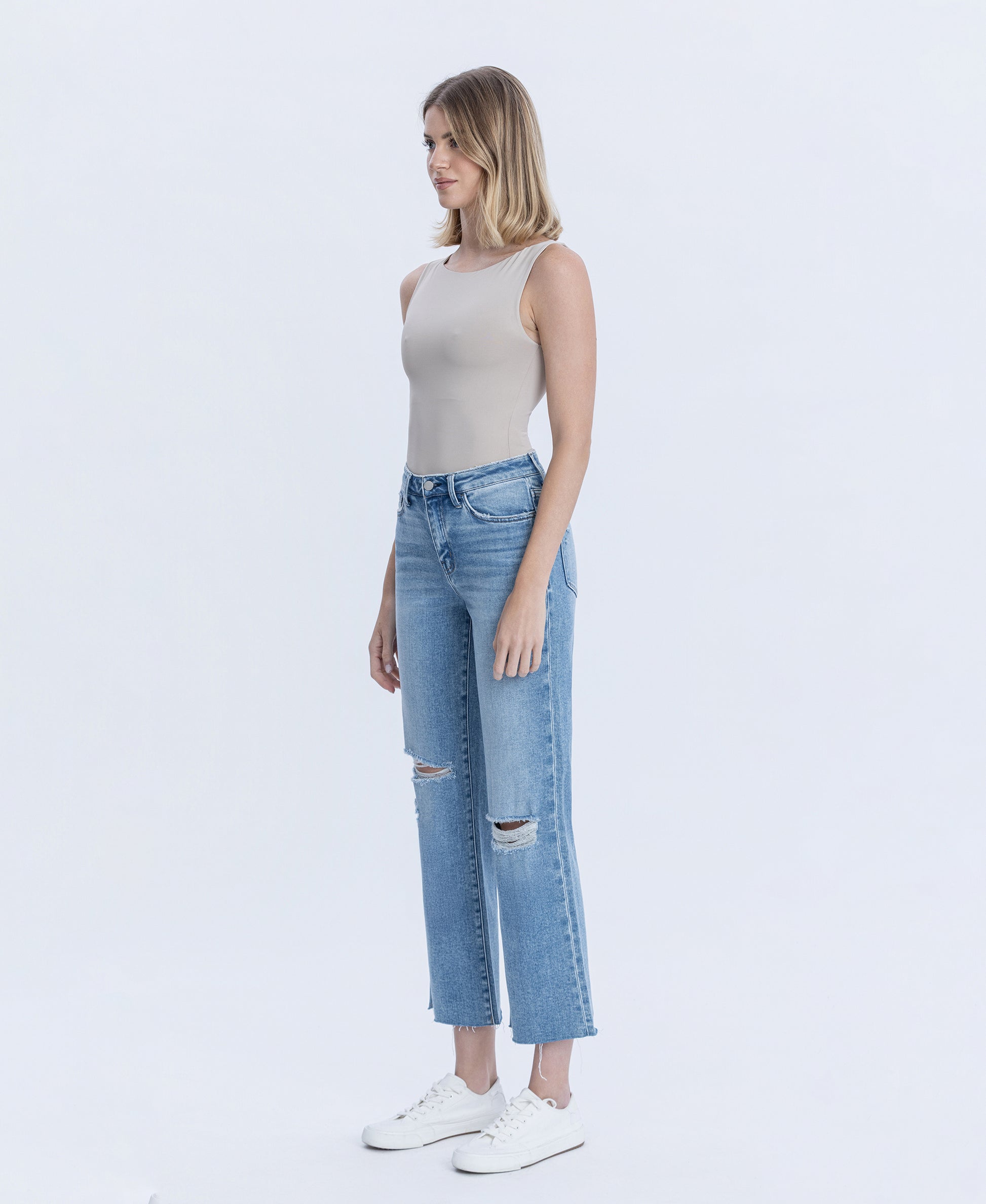 Left 45 degrees product image of Peggy - High Rise Raw Hem Crop Slim Wide Leg Jeans