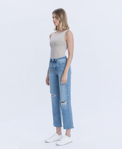 Left 45 degrees product image of Peggy - High Rise Raw Hem Crop Slim Wide Leg Jeans