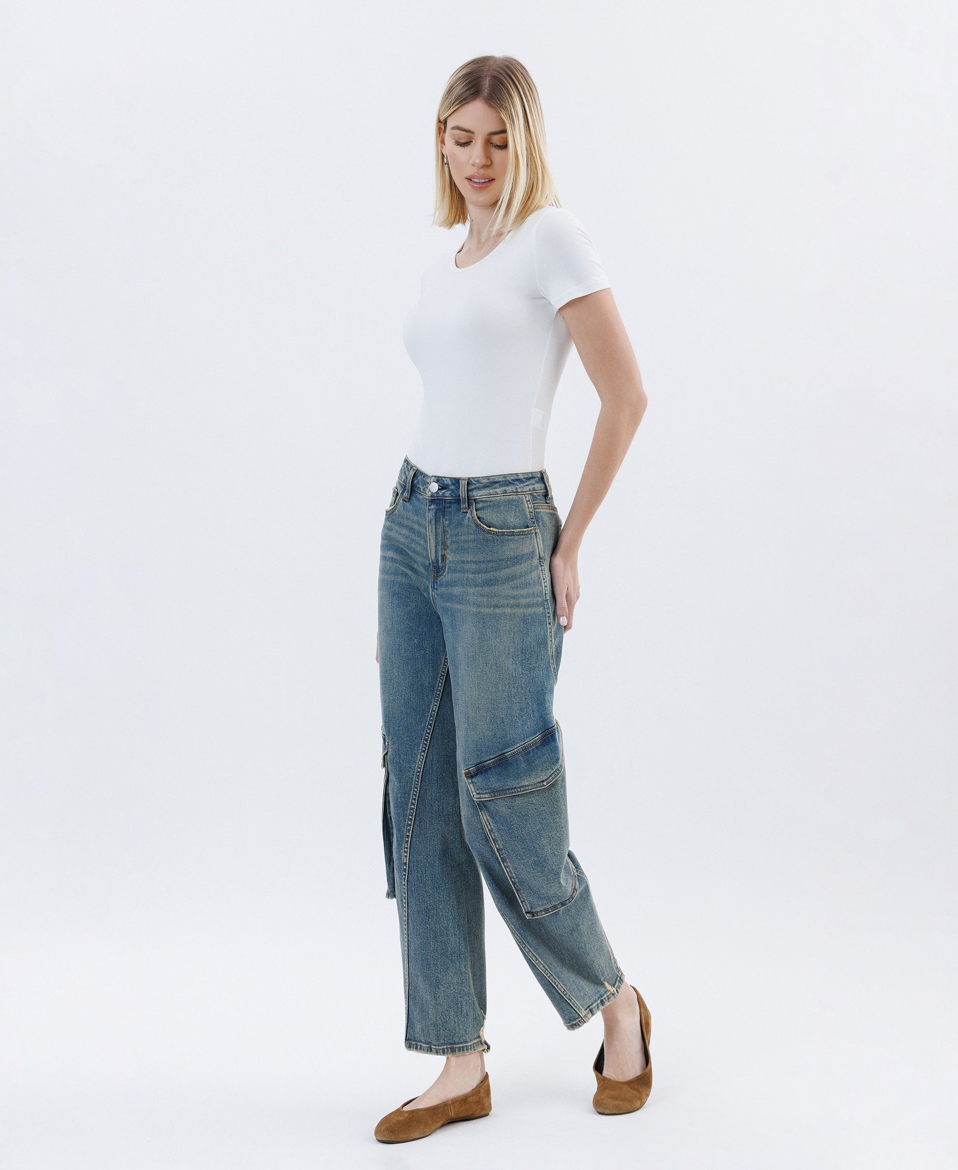 Left 45 degrees product image of Dreamland - Super High Rise Cargo Pocket Barrel Leg Jeans