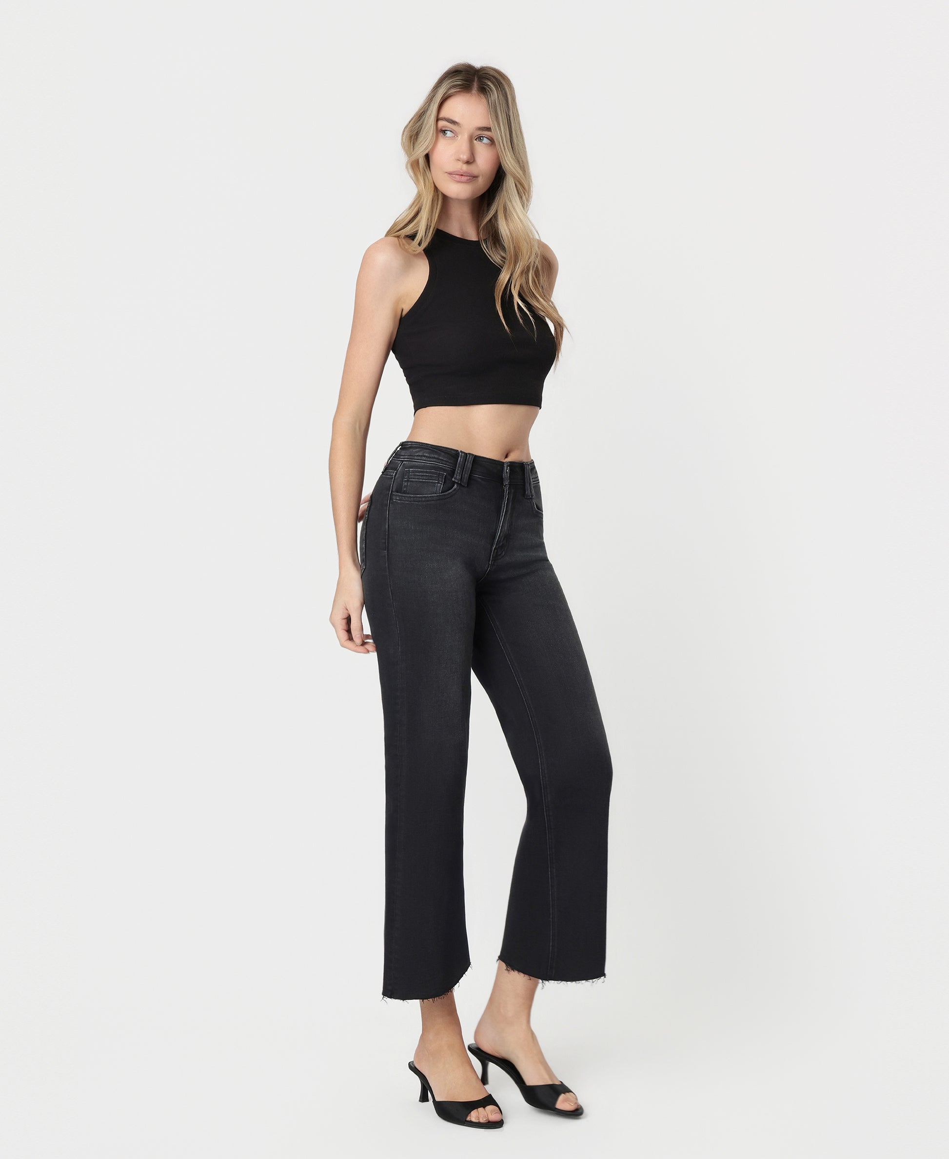 Right 45 degrees product image of Xavier - High Rise Raw Hem Ankle Wide Leg Jeans