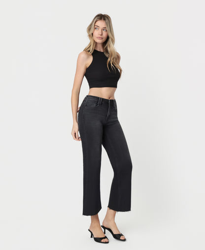Right 45 degrees product image of Xavier - High Rise Raw Hem Ankle Wide Leg Jeans
