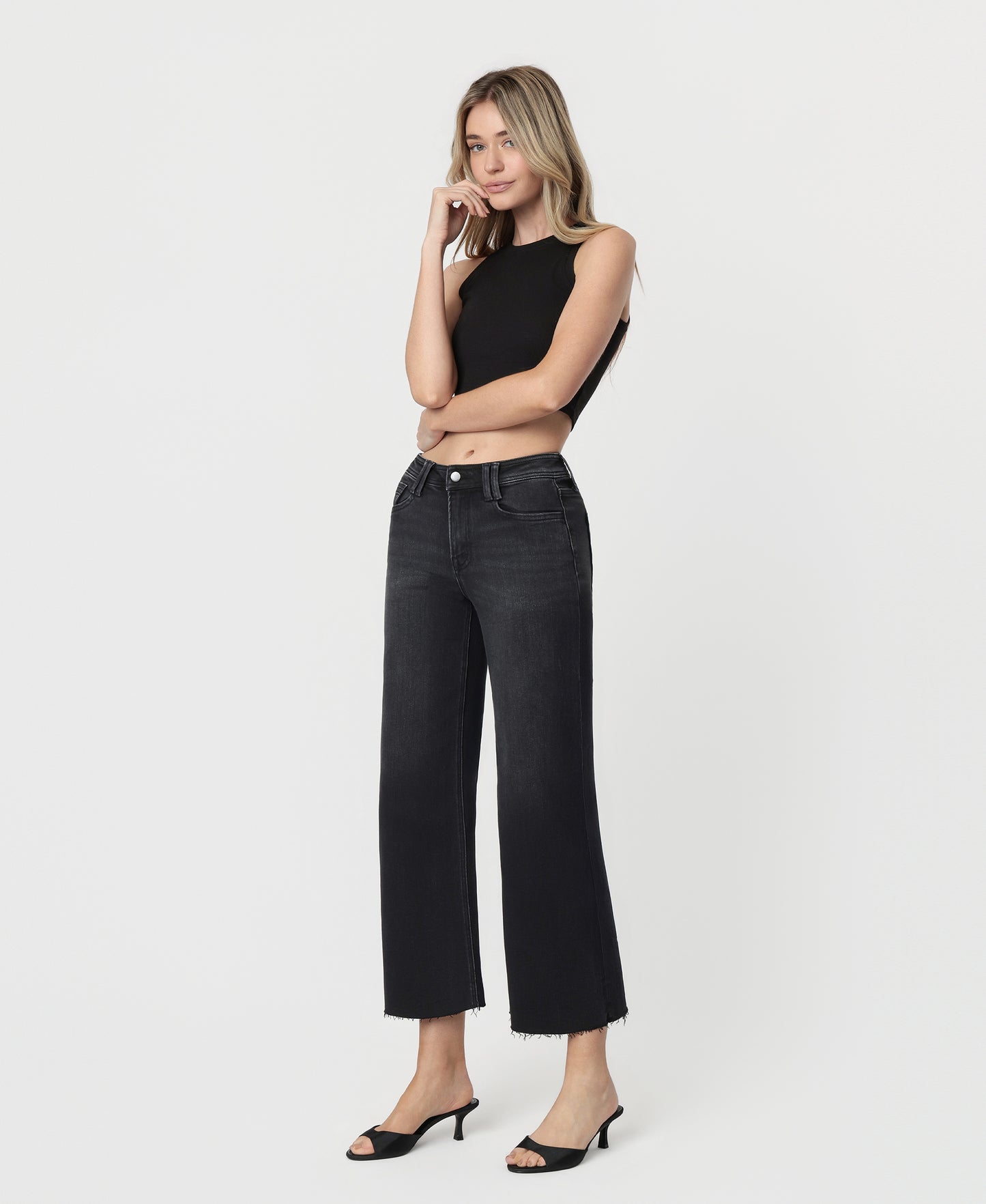 Left 45 degrees product image of Xavier - High Rise Raw Hem Ankle Wide Leg Jeans