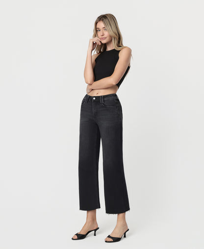 Left 45 degrees product image of Xavier - High Rise Raw Hem Ankle Wide Leg Jeans
