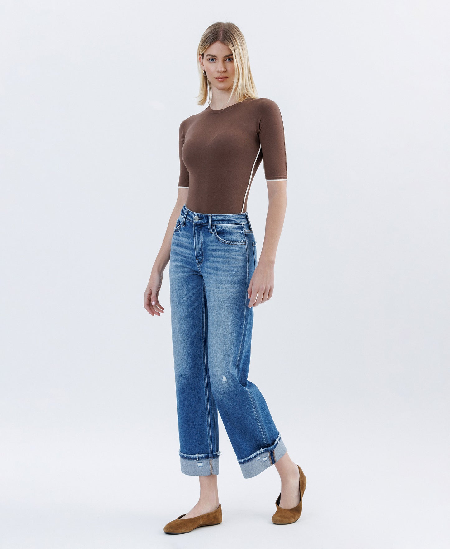 Left side product images of Dark Stone - High Rise Cuffed Slim Wide Leg Jeans