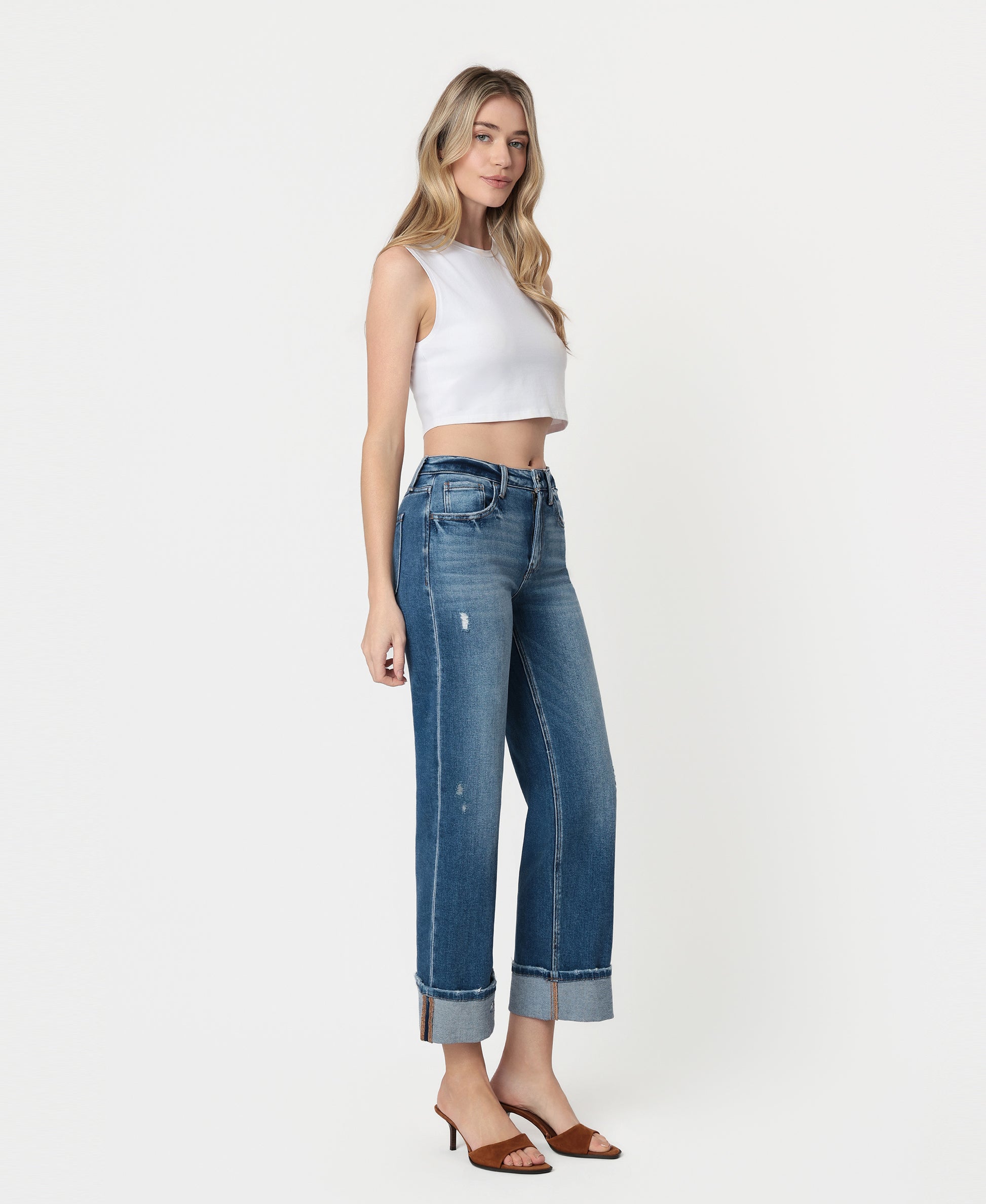 Right 45 degrees product image of Dark Stone - High Rise Cuffed Slim Wide Leg Jeans