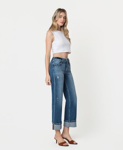 Right 45 degrees product image of Dark Stone - High Rise Cuffed Slim Wide Leg Jeans