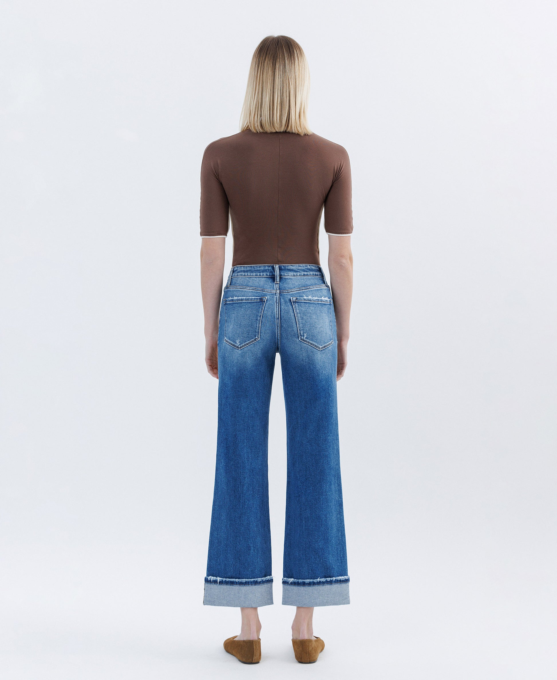 Back product images of Dark Stone - High Rise Cuffed Slim Wide Leg Jeans