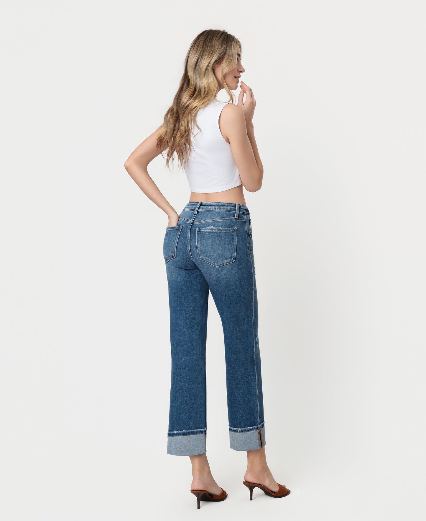 Back product images of Dark Stone - High Rise Cuffed Slim Wide Leg Jeans
