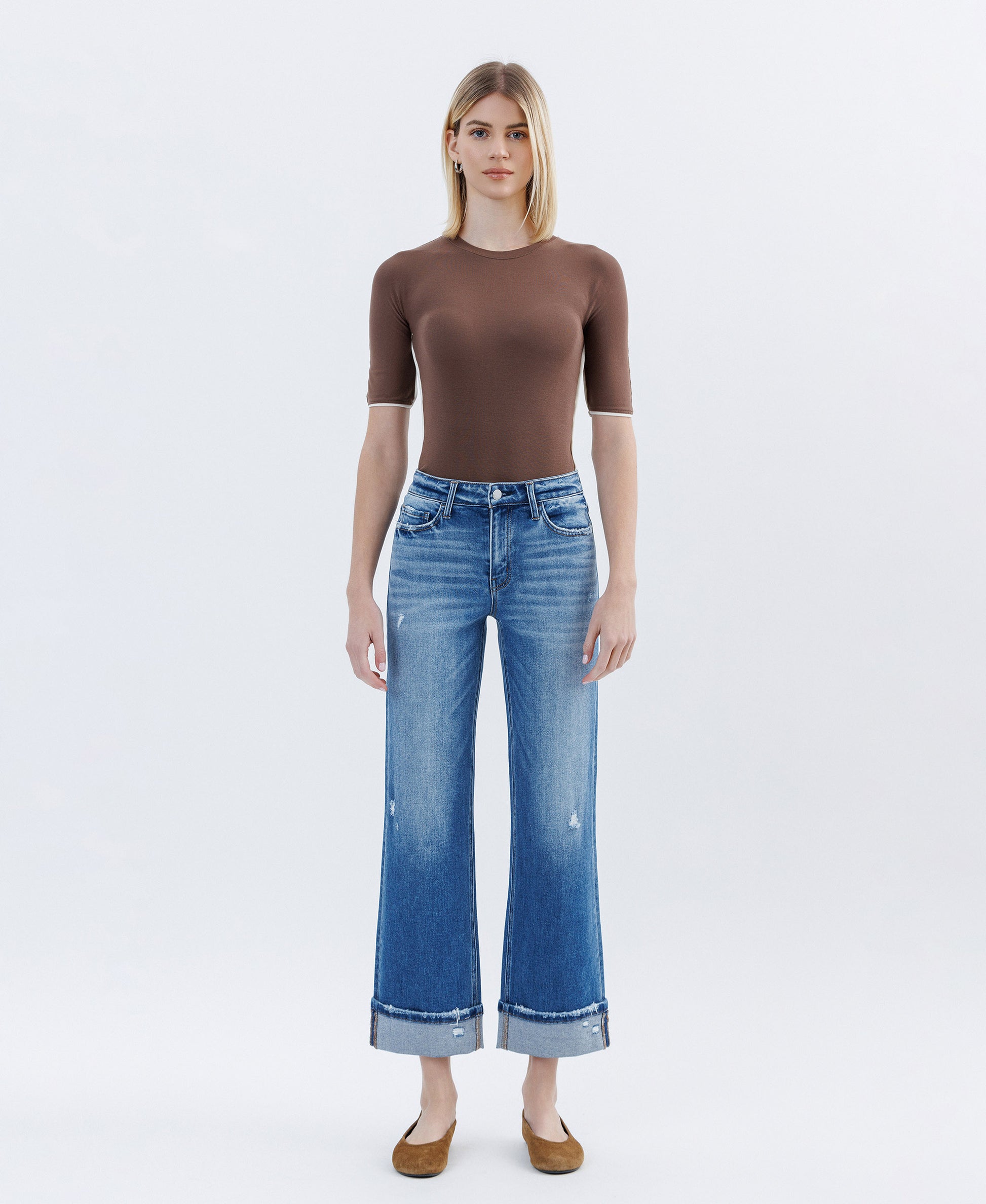 Front product images of Dark Stone - High Rise Cuffed Slim Wide Leg Jeans