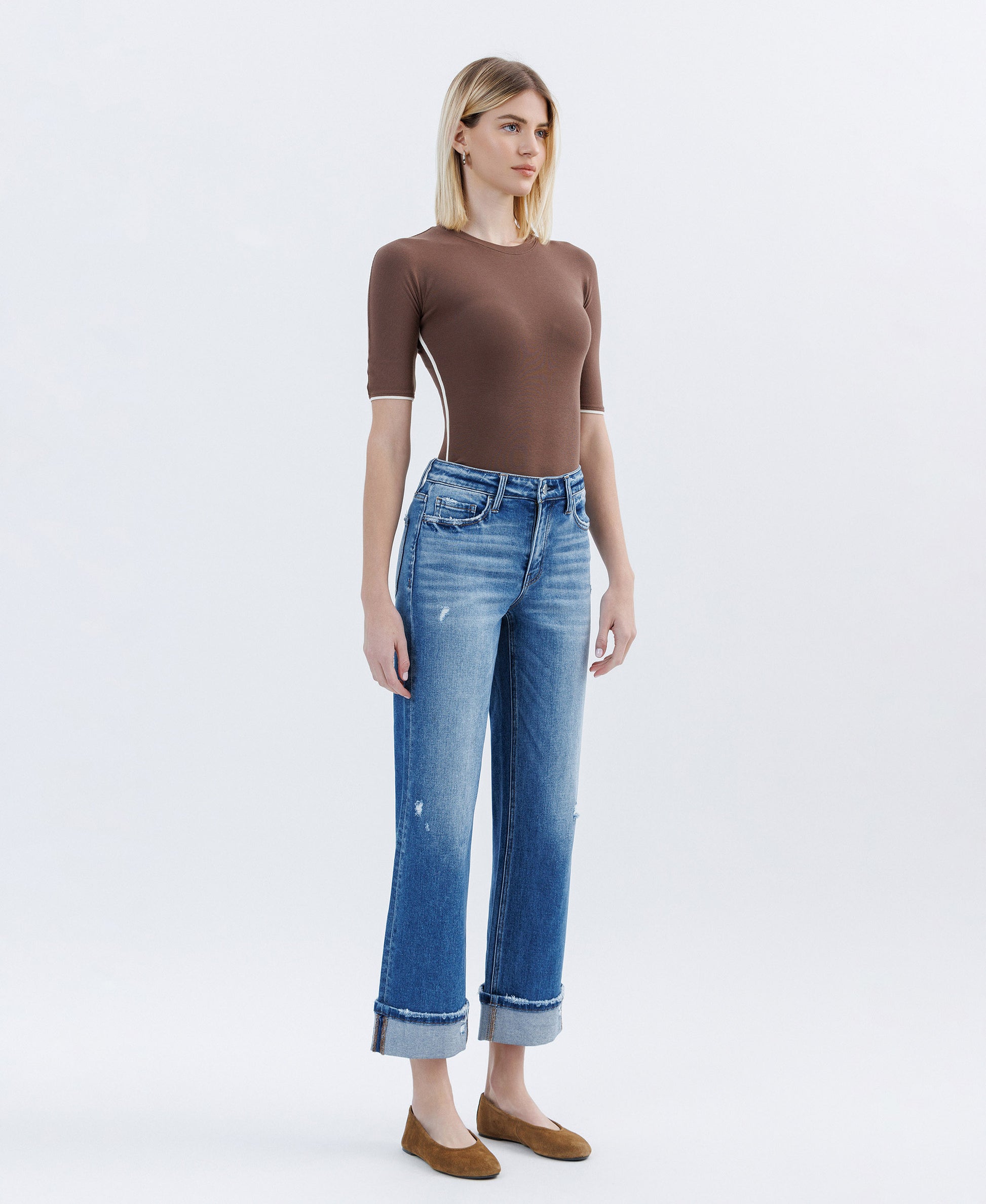 Right 45 degrees product image of Dark Stone - High Rise Cuffed Slim Wide Leg Jeans