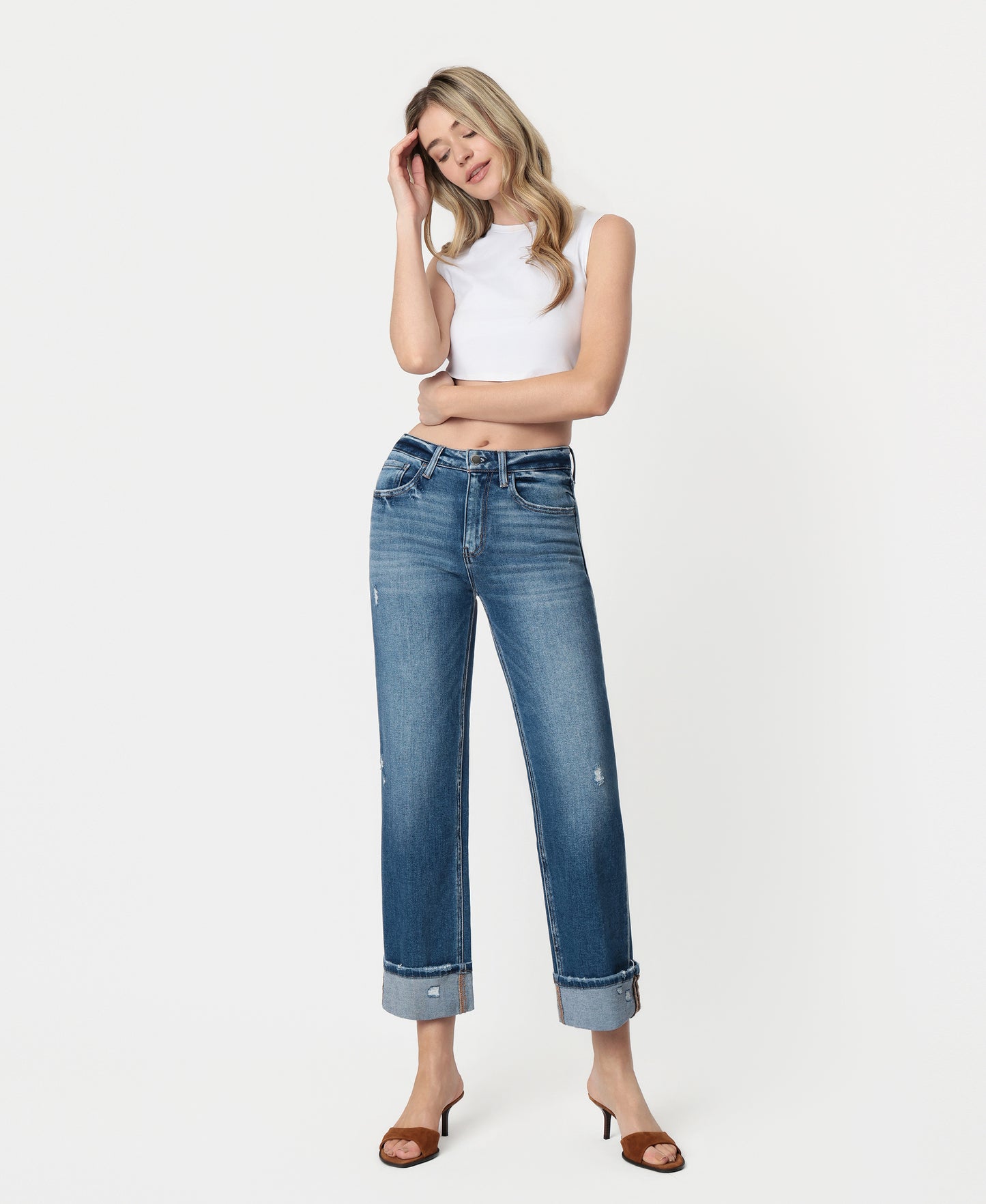 Front product images of Dark Stone - High Rise Cuffed Slim Wide Leg Jeans
