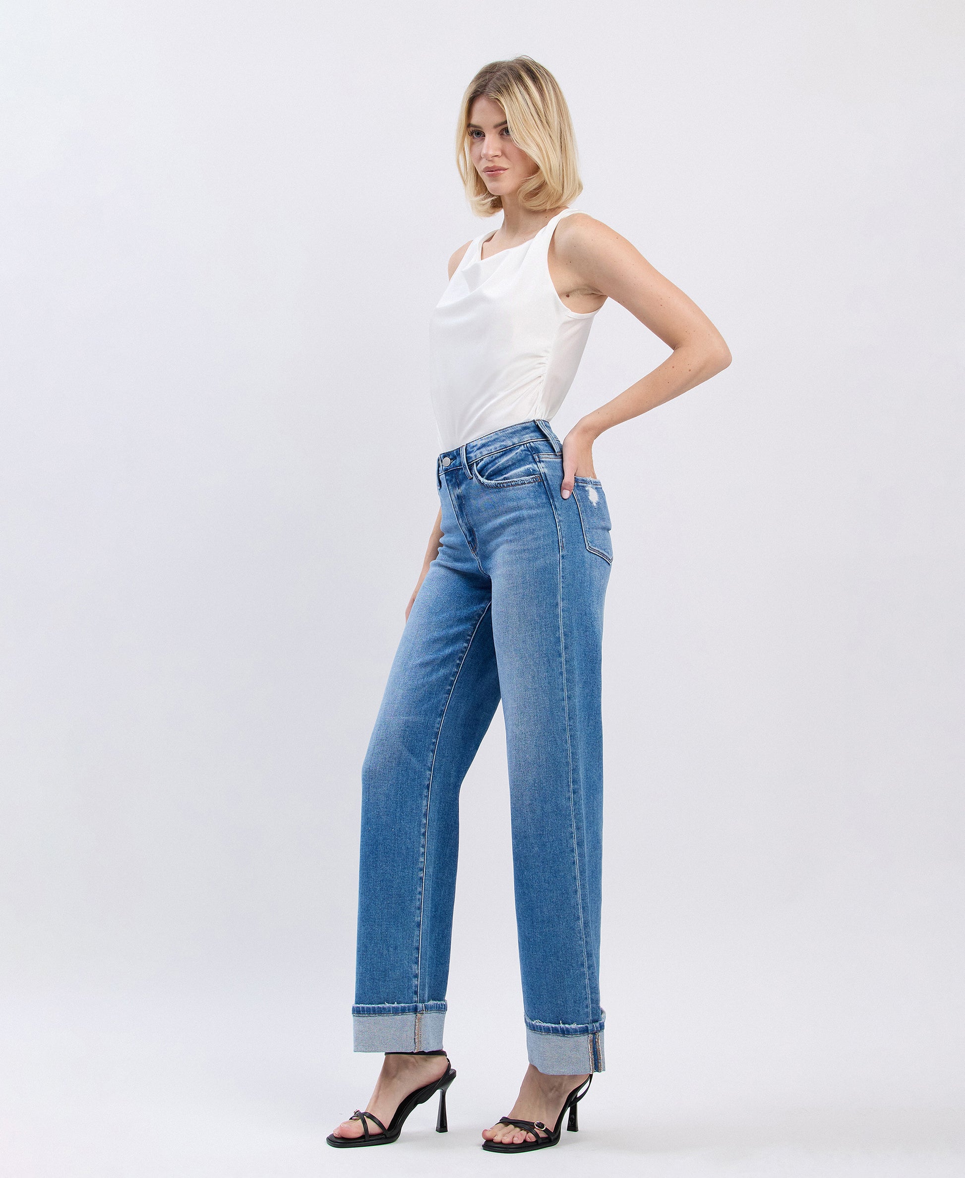 Left 45 degrees product image of Westbury - High Rise Cuffed Wide Leg Jeans