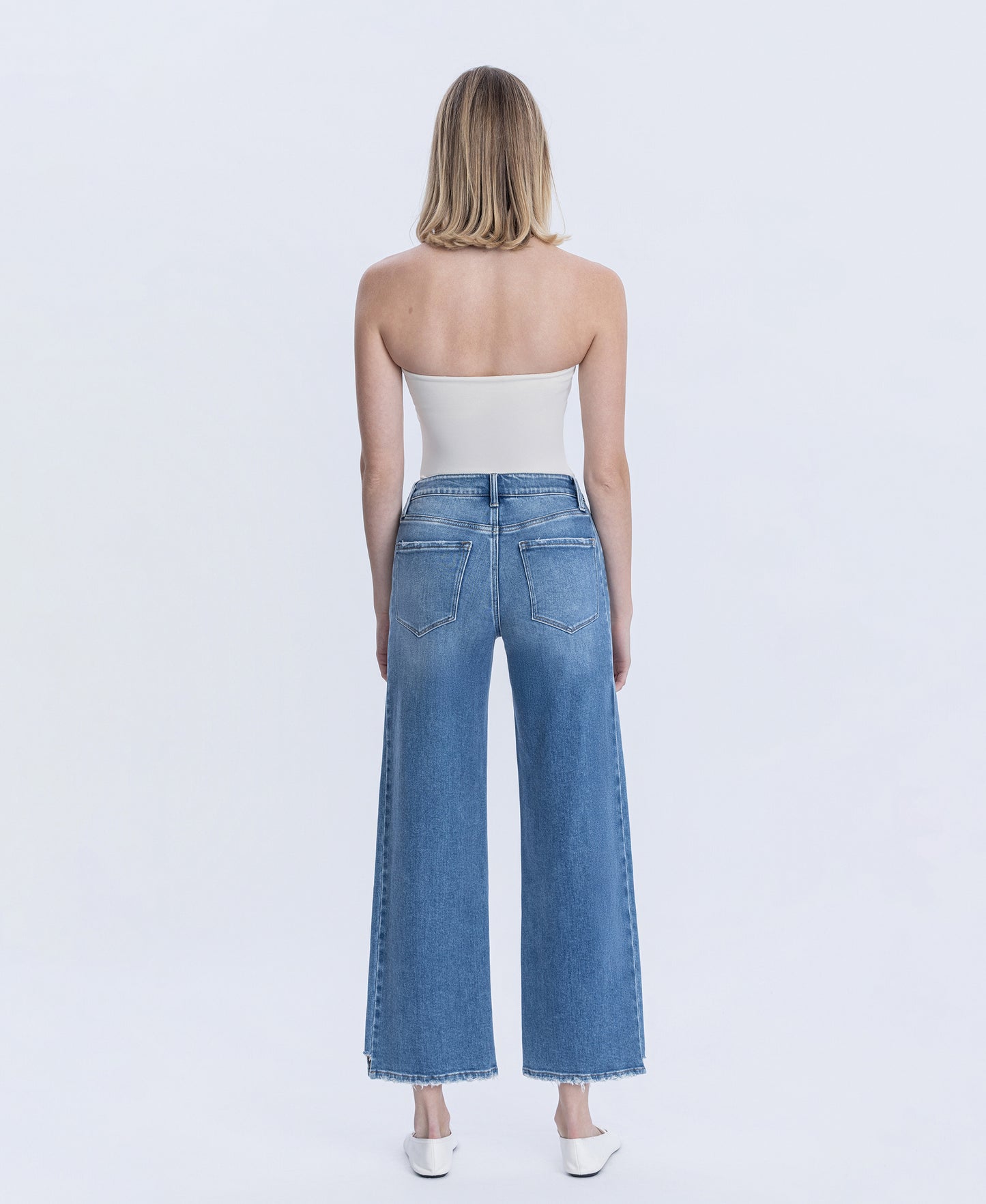 Back product images of Wolf N Crane - High Rise Side Panel Step Hem Ankle Wide Leg Jeans
