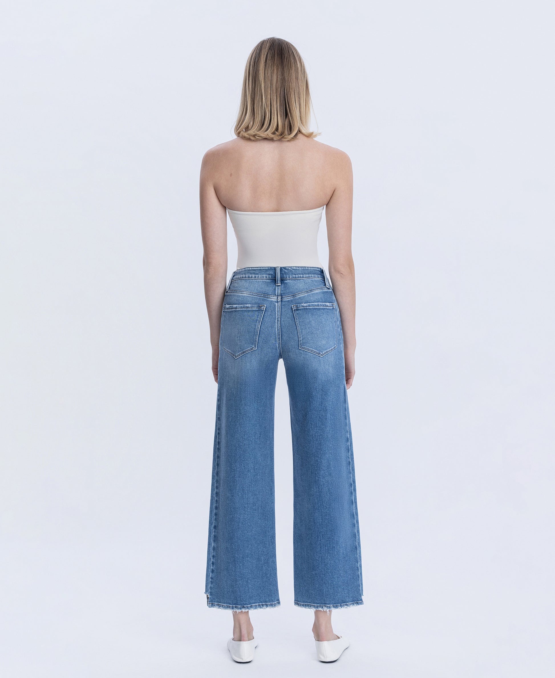 Back product images of Wolf N Crane - High Rise Side Panel Step Hem Ankle Wide Leg Jeans