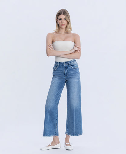 Front product images of Wolf N Crane - High Rise Side Panel Step Hem Ankle Wide Leg Jeans