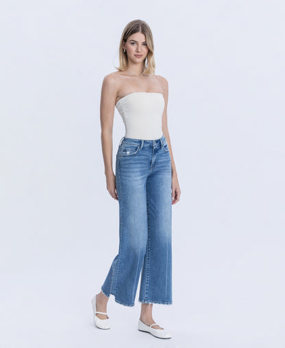 Right 45 degrees product image of Wolf N Crane - High Rise Side Panel Step Hem Ankle Wide Leg Jeans