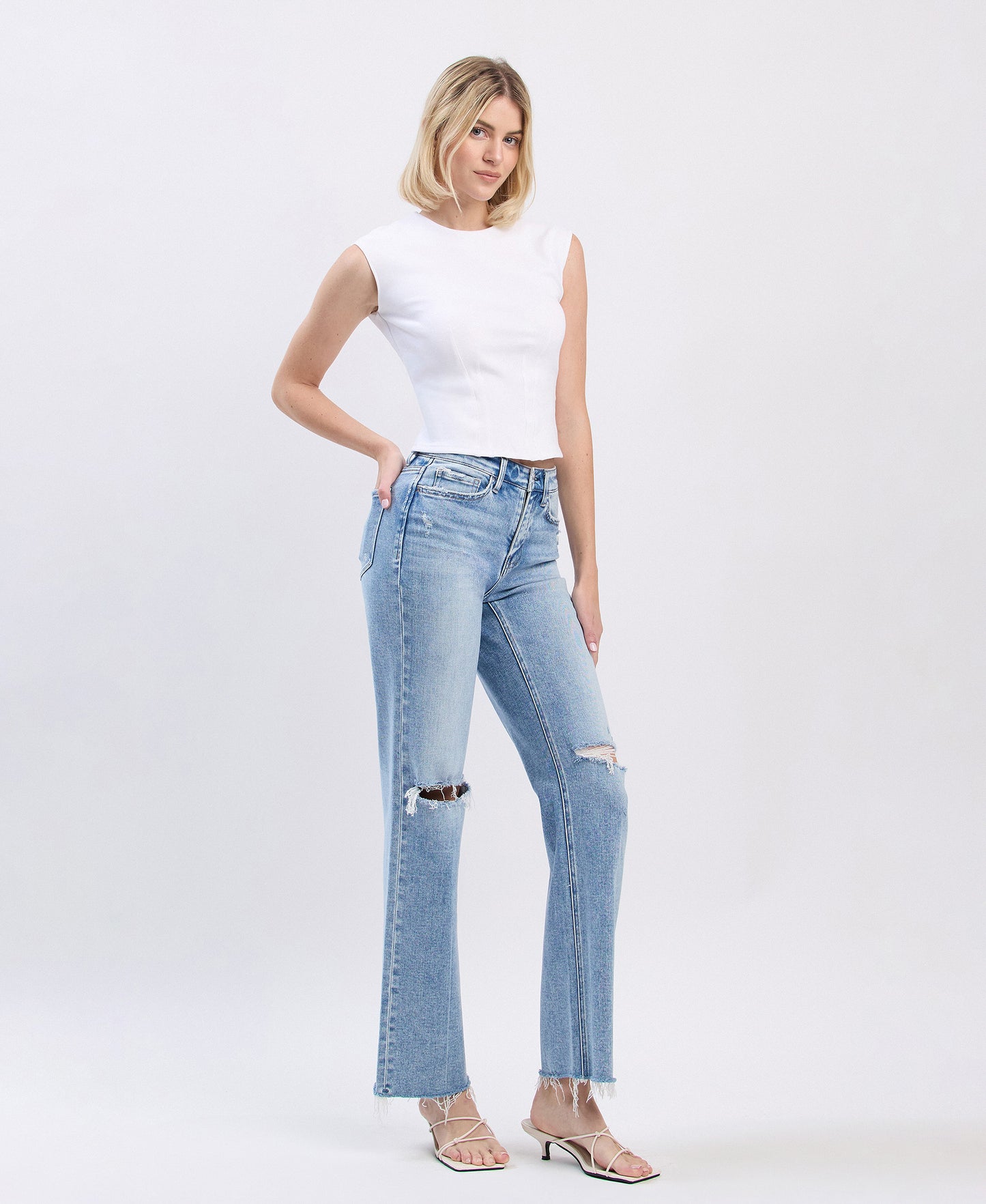 Right 45 degrees product image of Glorietta - High Rise Distressed Slim Wide Leg Jeans
