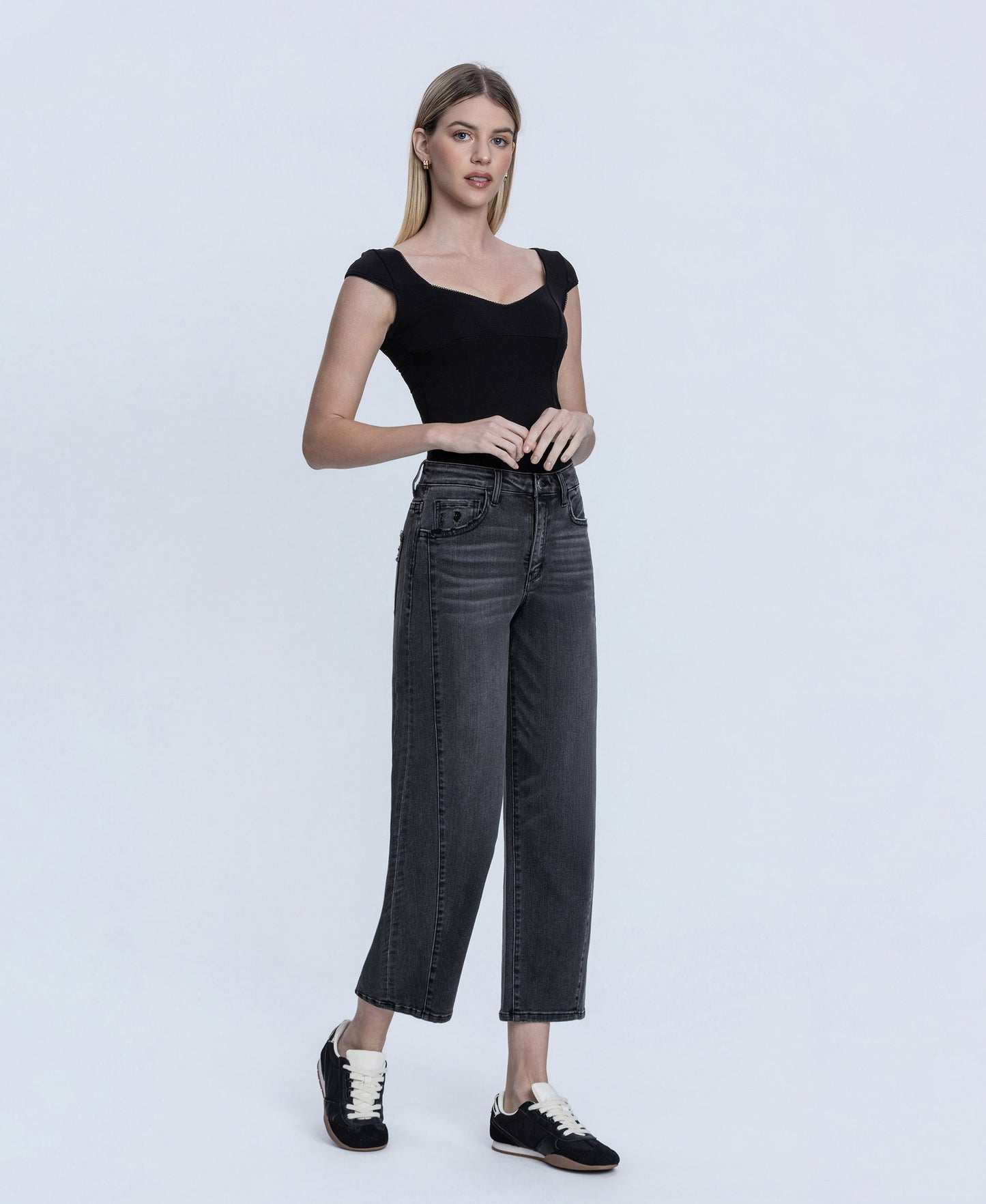 Right 45 degrees product image of Pontoon - Super High Rise Mild Barrel Leg Jeans