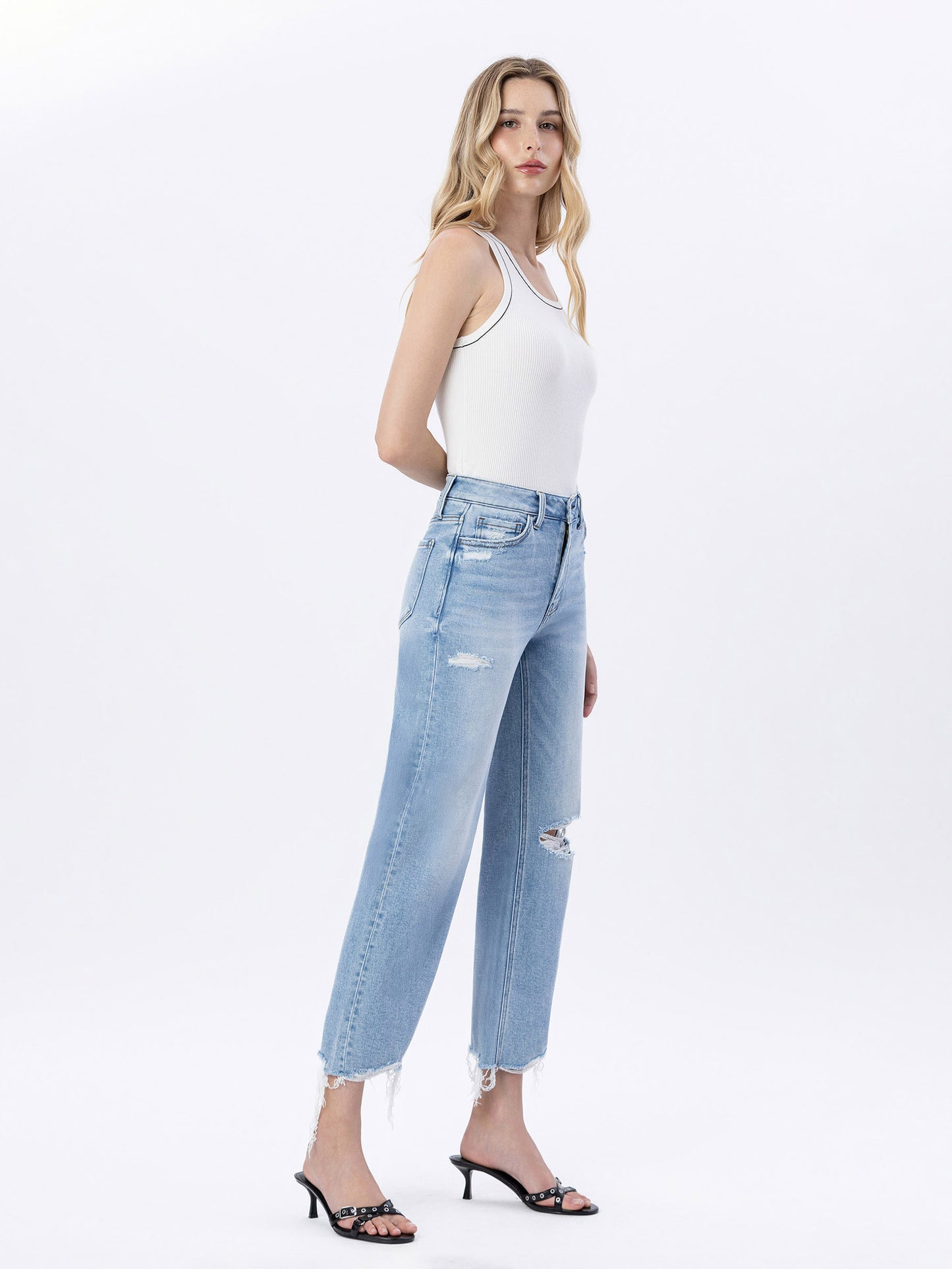 Right 45 degrees product image of Ezra - High Rise Distressed Crop Slim Wide Leg Jeans