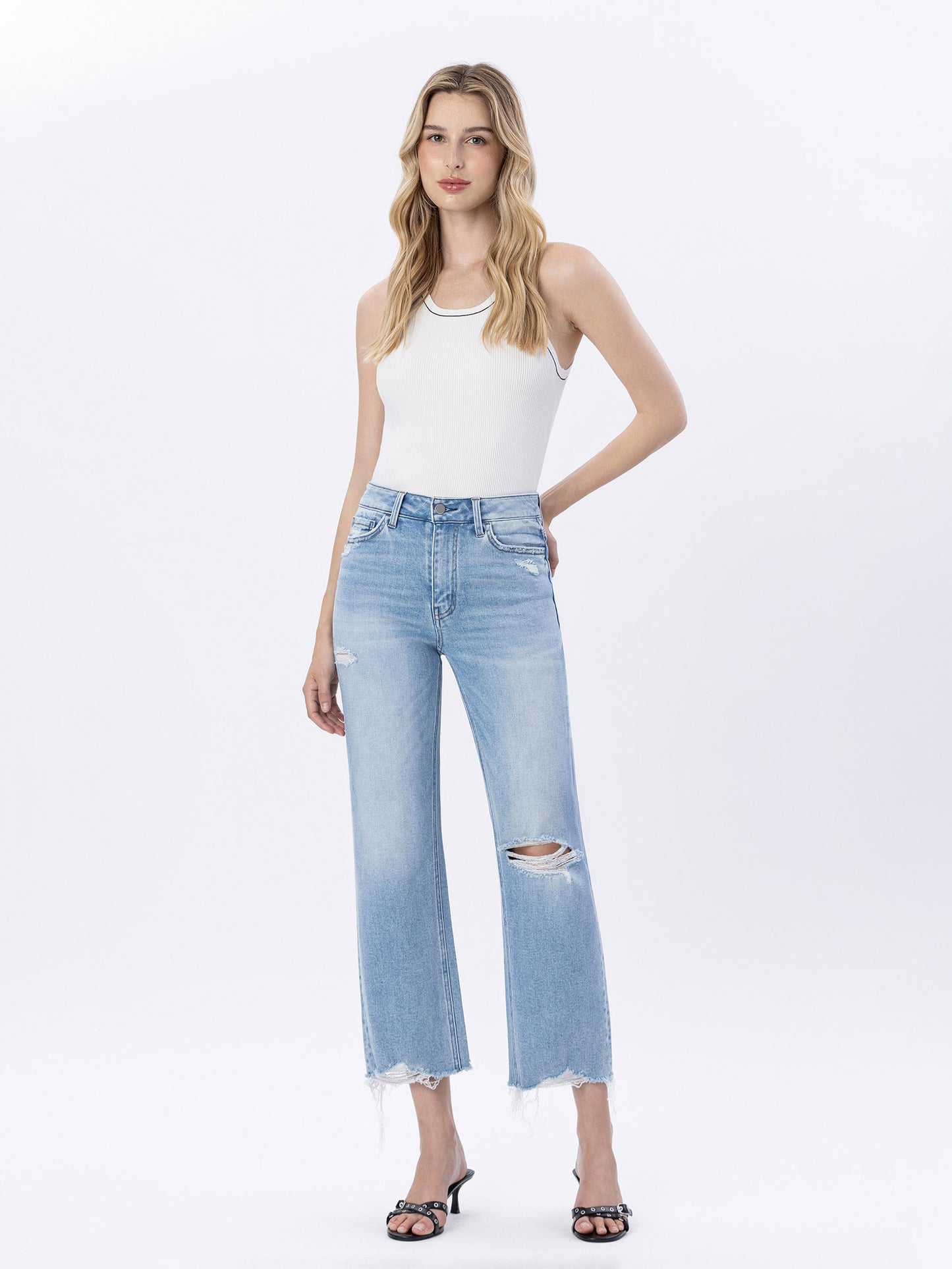 Front product images of Ezra - High Rise Distressed Crop Slim Wide Leg Jeans