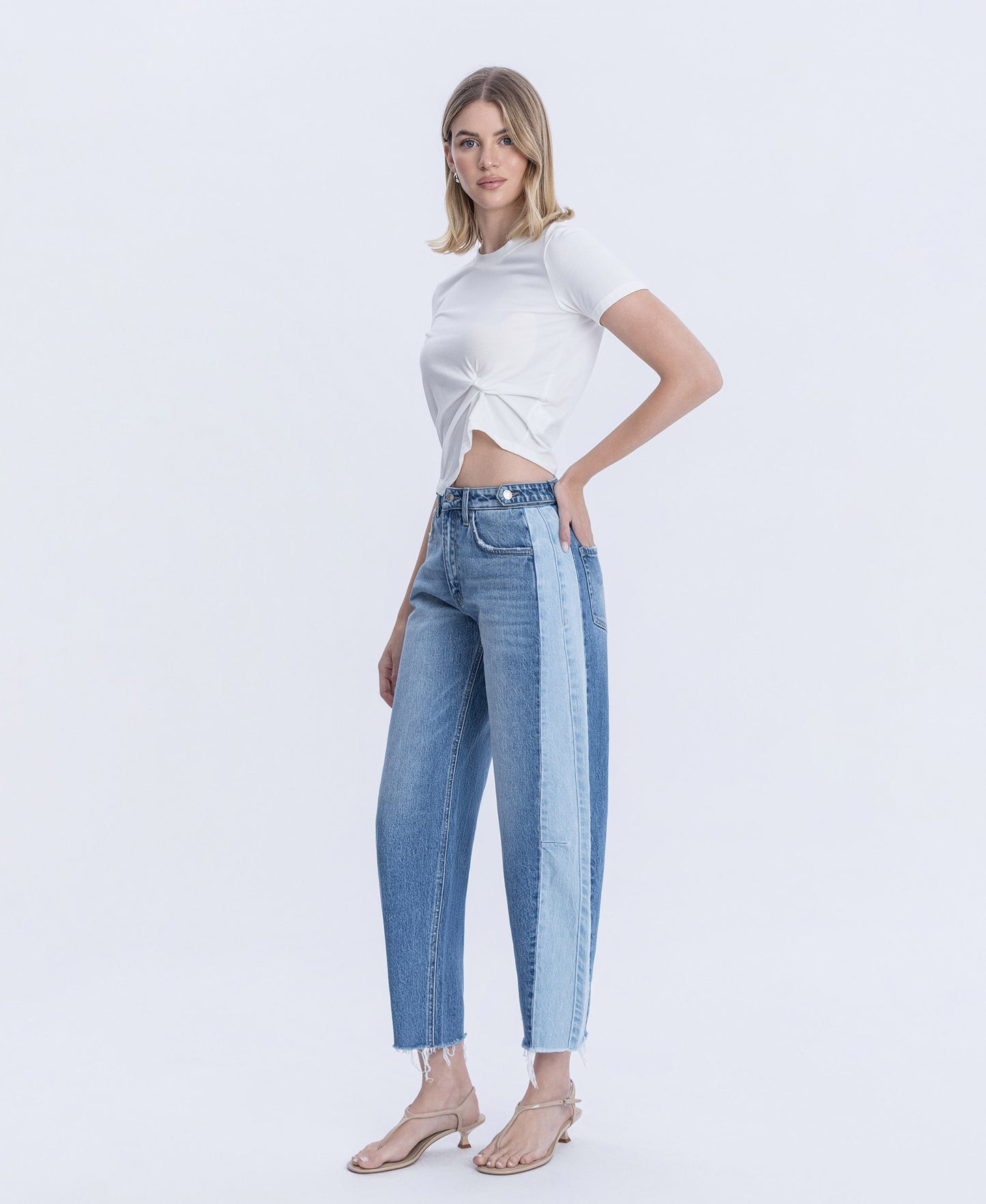 Left 45 degrees product image of Blue Memoir - High Rise Two Tone Barrel Jeans