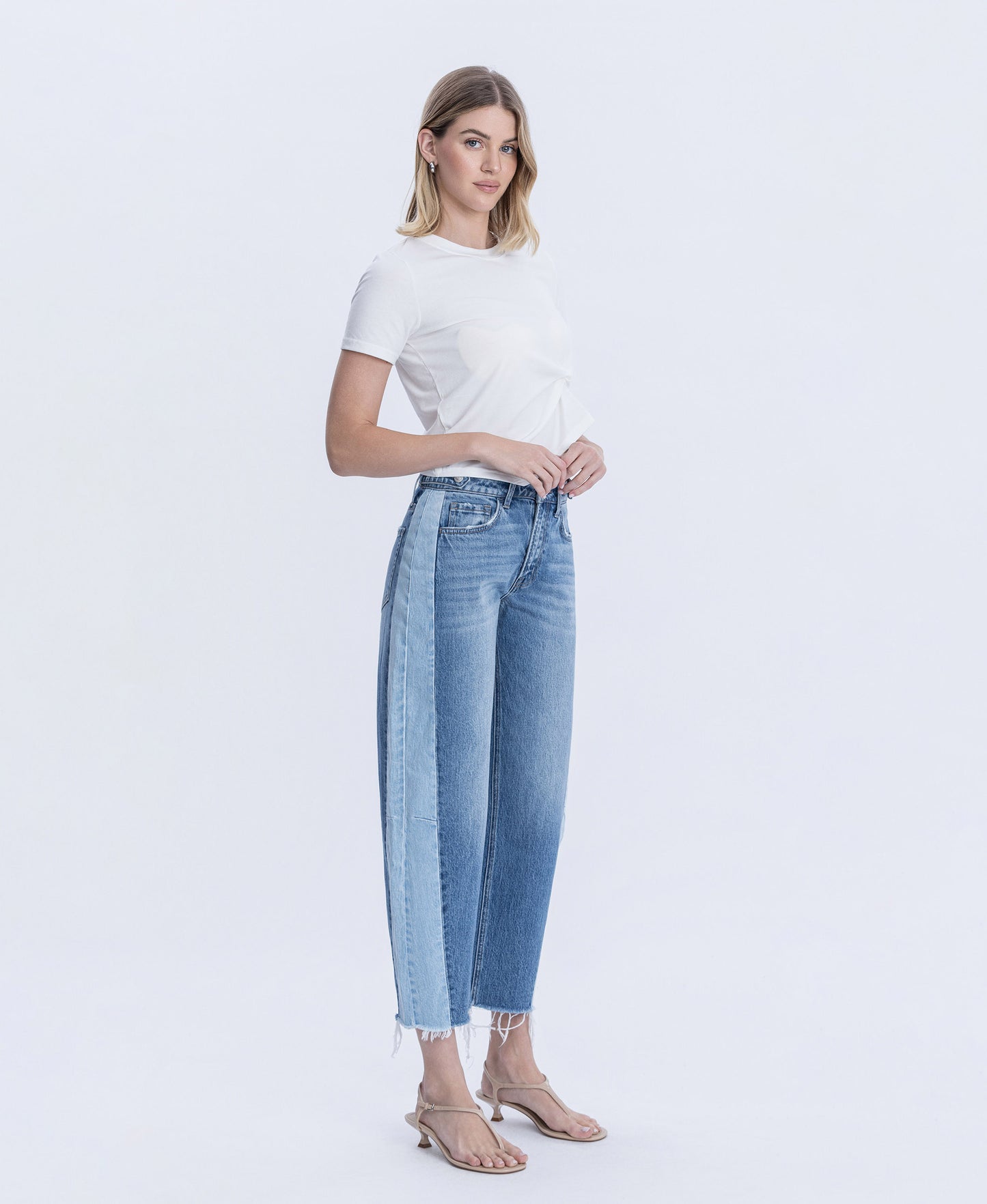 Right 45 degrees product image of Blue Memoir - High Rise Two Tone Barrel Jeans